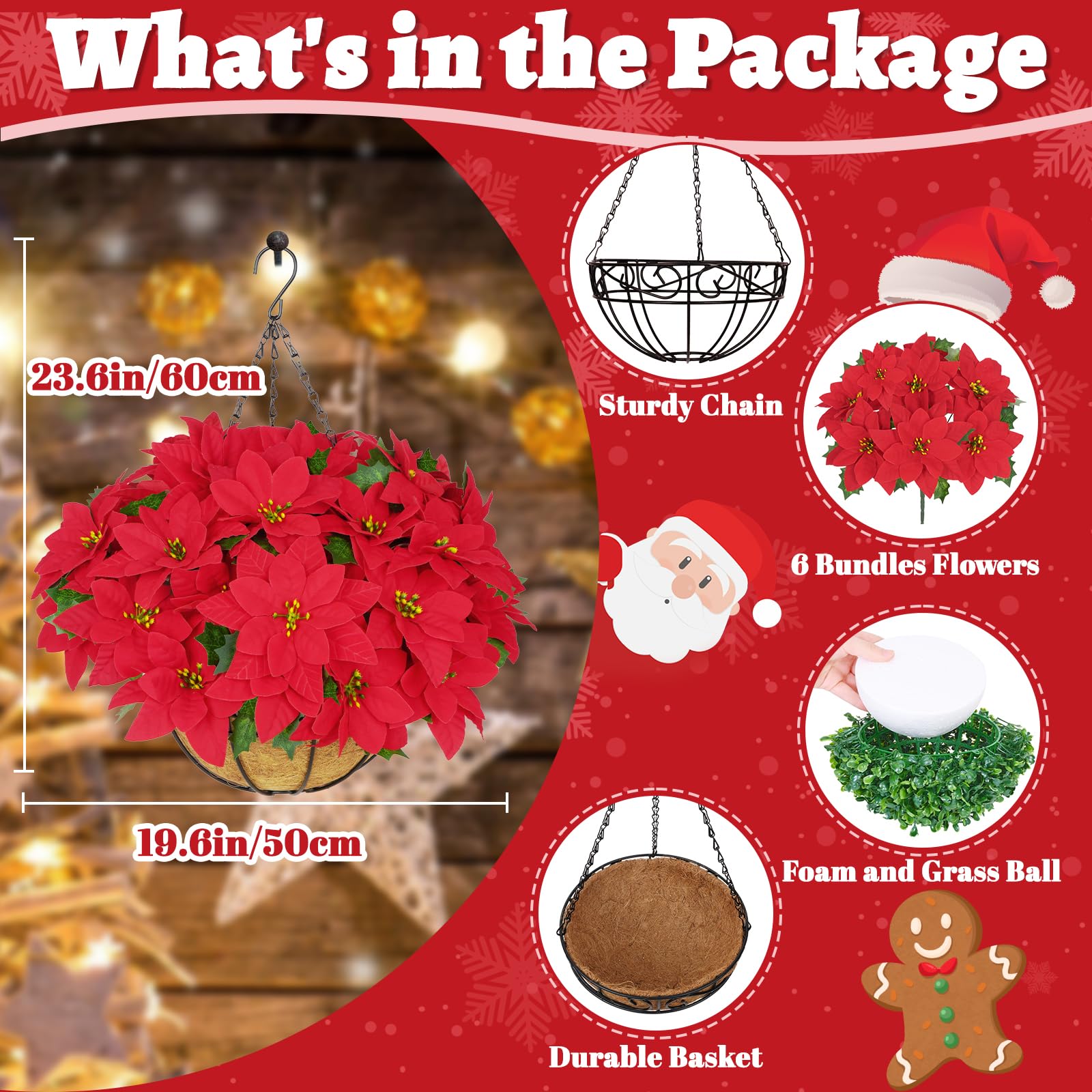 BLEUM CADE Weihnachtsdekorationen - Künstliche Weihnachtsblumen Hängende Weihnachtssterne mit Korb für den Außenbereich, künstliche hängende rote Weihnachtssterne für Weihnachtsdekoration,
