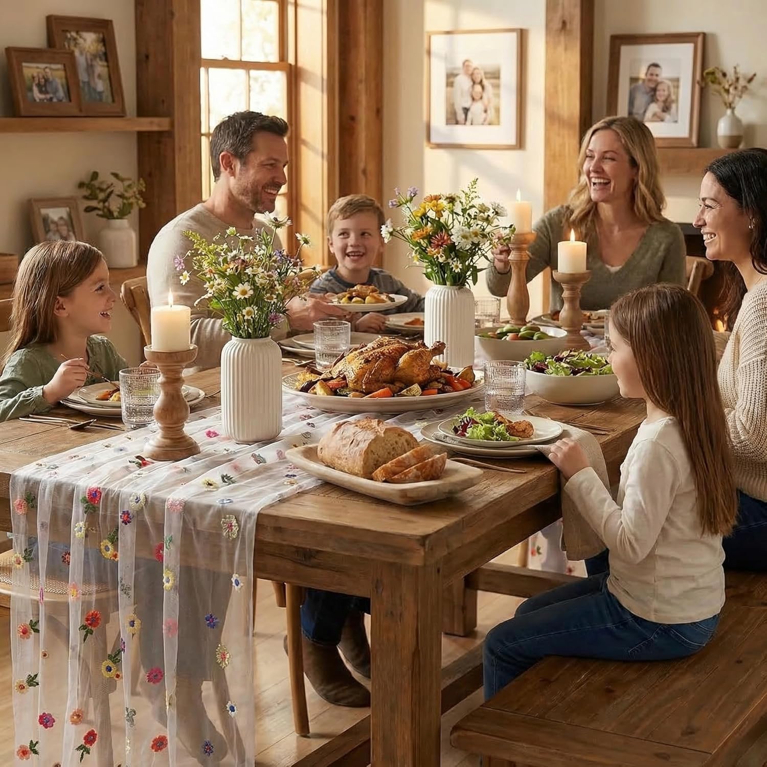 White Floral Table Runner Boho Embroidery Gauze Table Runners 120Inches 3PCS Sheer Fabric for Birthday Party Dining Table Decorations