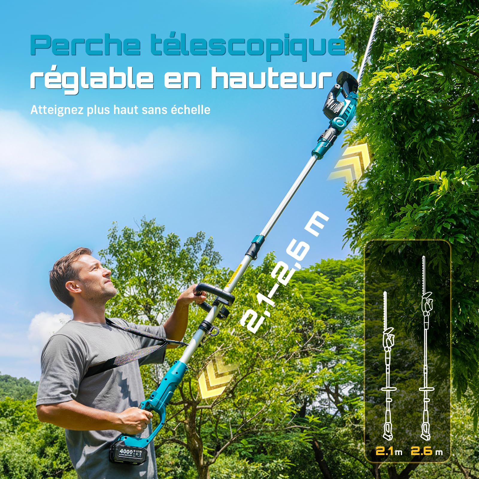 SEESII Taille Haie Batterie 2 en 1, Taille-Haies Électrique avec Lame de 53 cm, Portée Maximale de 2,6 m, Capacité de Coupe de 18 mm, 2 Batteries de 4,0Ah, Convient pour Jardin, Arbres et Arbustes