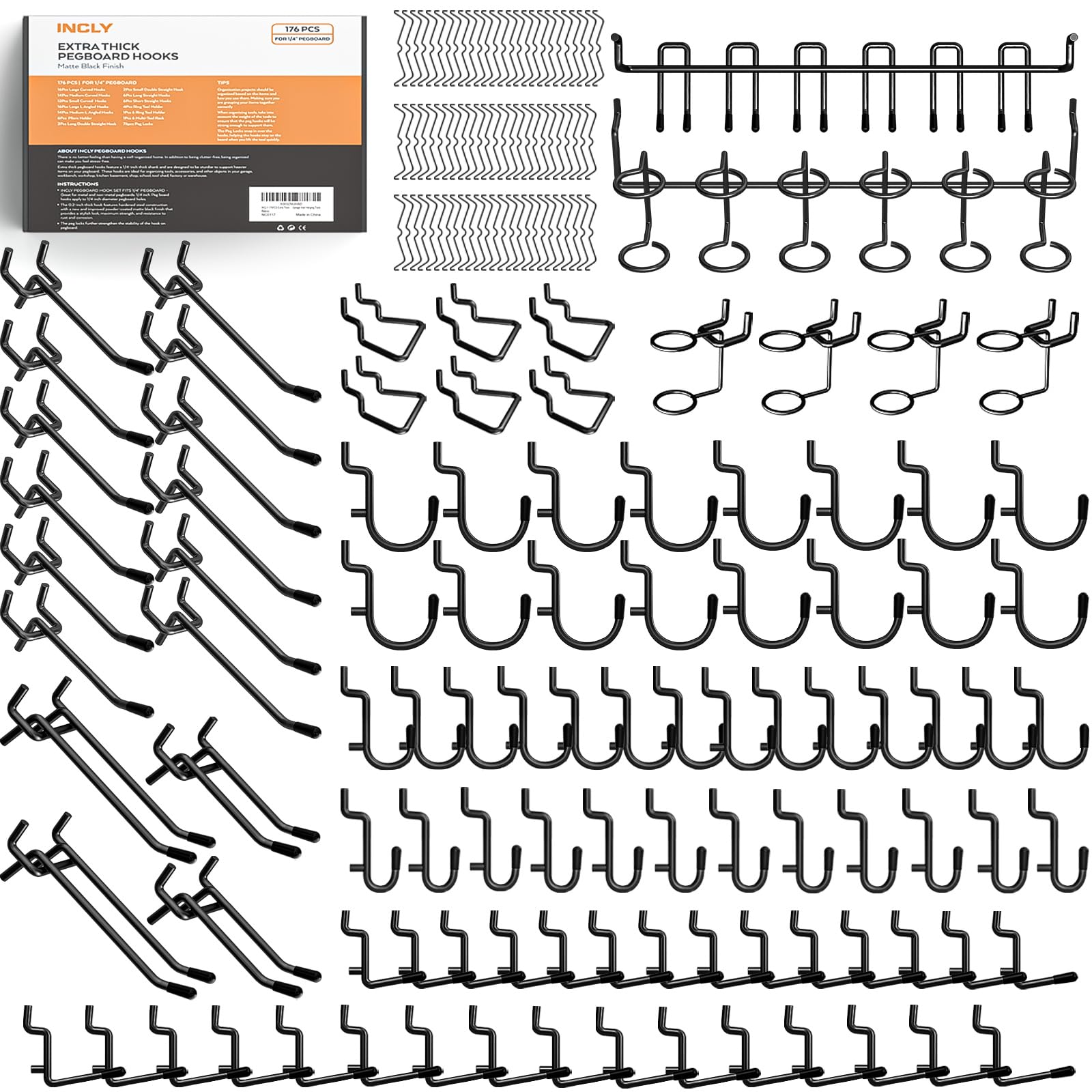 INCLY 176PCS Extra Thick Black Pegboard Hooks Set, 1/4" Heavy Duty Metal Peg Board Hook Assortment with Peg Lock Pegboard Accessories for Garage Wall Organizer Hanging Tools