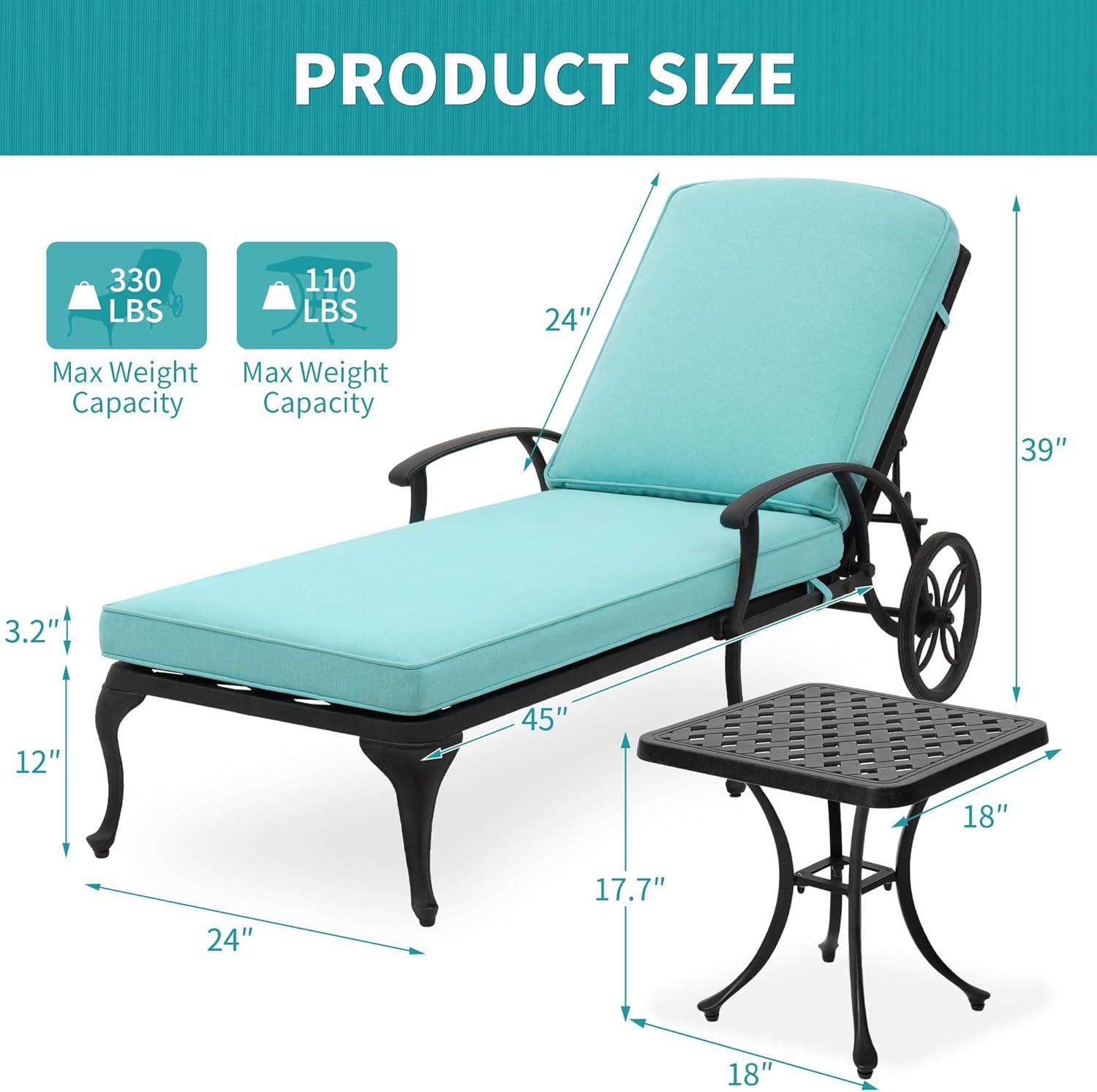 HOMEFUN Chaise Lounge Chair Outdoor - Poolside Chairs Set of 2 with Cushion and 1 Patio Side Table Cast Aluminum Waterproof Lounger with Wheels and Adjustable Reclining (Cyan/Teal Cushion)