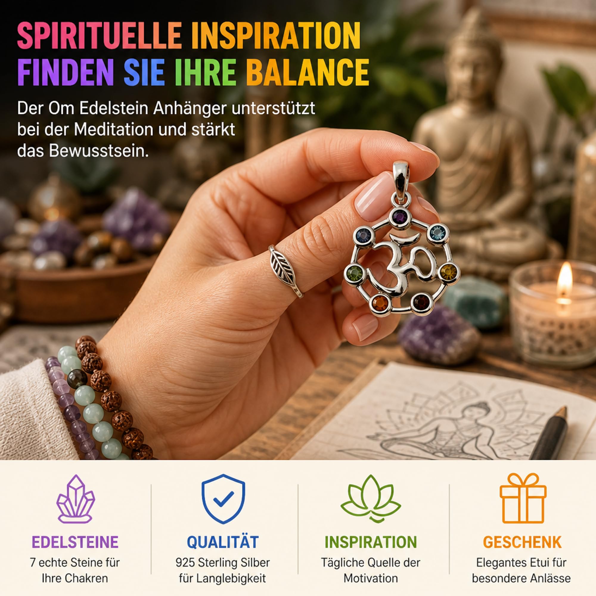 I-be, Chakra Anhänger 7 echte Edelsteine, 925 Silber, Länge: 3,4 cm im Geschenketui, 20 Chakra OM