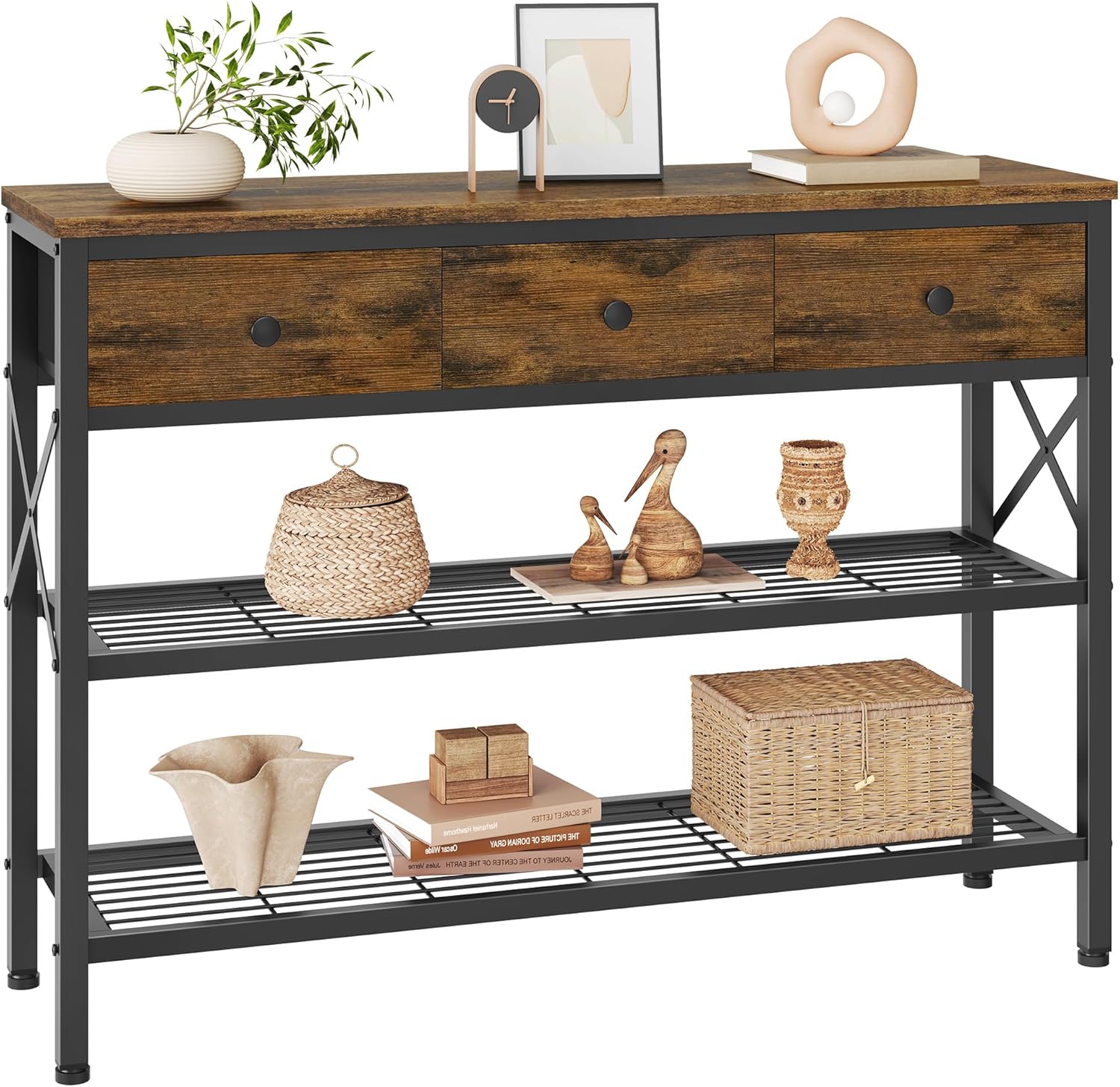 FAVOOSTY Mesa consola estrecha con 3 cajones de tela, mesa de entrada pequeña mesa de sofá delgada con estantes de almacenamiento de 3 niveles,