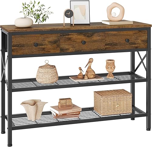 FAVOOSTY Mesa consola estrecha con 3 cajones de tela, mesa de entrada pequeña mesa de sofá delgada con estantes de almacenamiento de 3 niveles,
