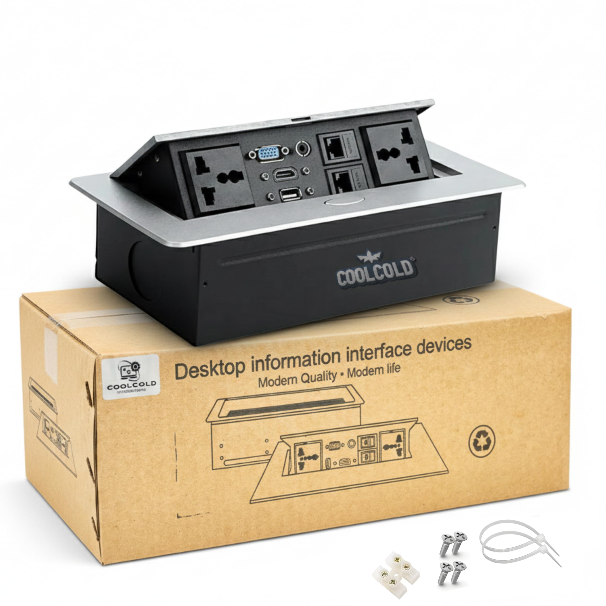 COOLCOLD Hydraulic Cable Cubby 10-Module Pop Up Box for Conference Table– Built-In HDMI VGA Audio LAN USB Ports & Power Socket – Flush-Mount Connectivity Hub for Meeting Rooms, Silver– 1 Year Warranty-picture-18