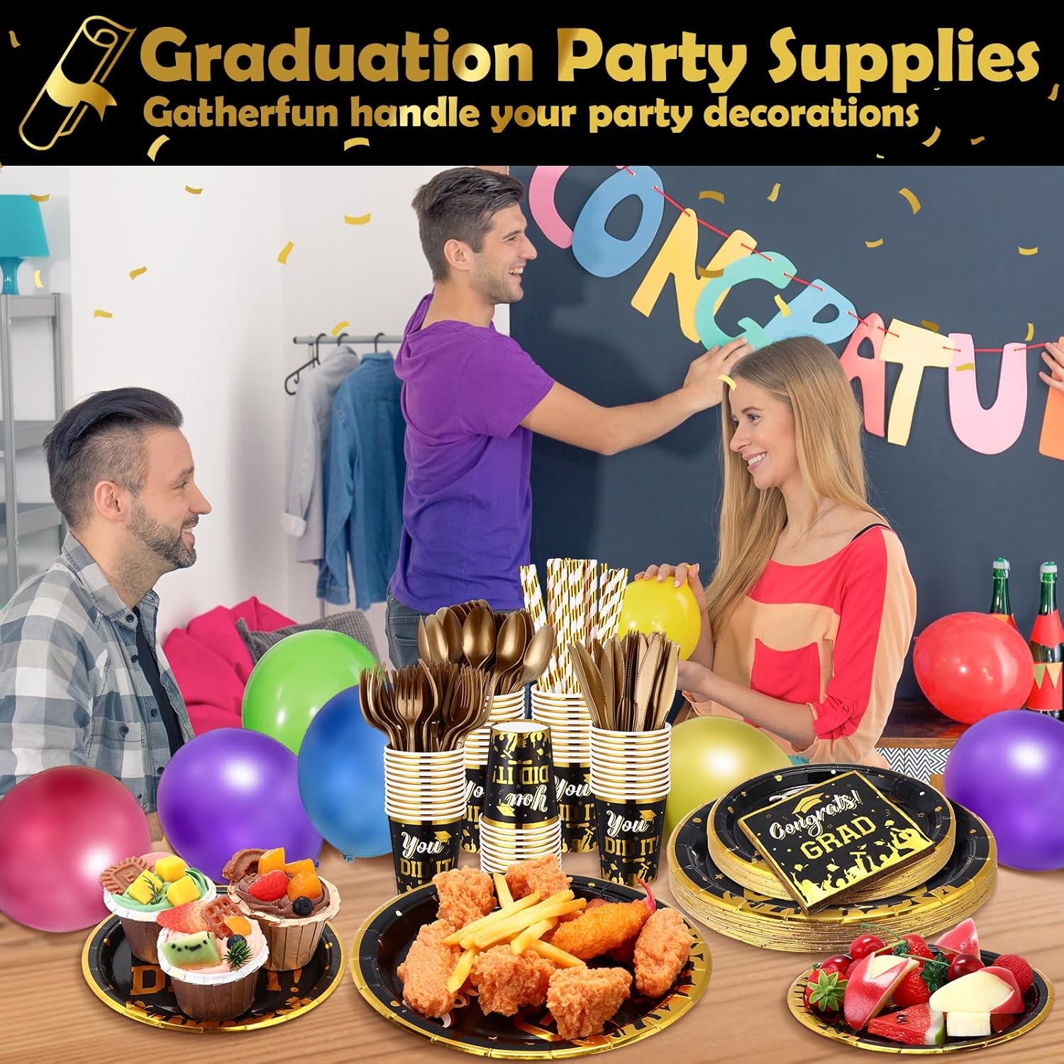 400 Pcs 2026 Graduation Party Supplies Set Black Gold Graduation Plates Cup Napkin Fork Knife Spoon Straw Disposable Dinnerware Set for Congrats Grad Party Decorations