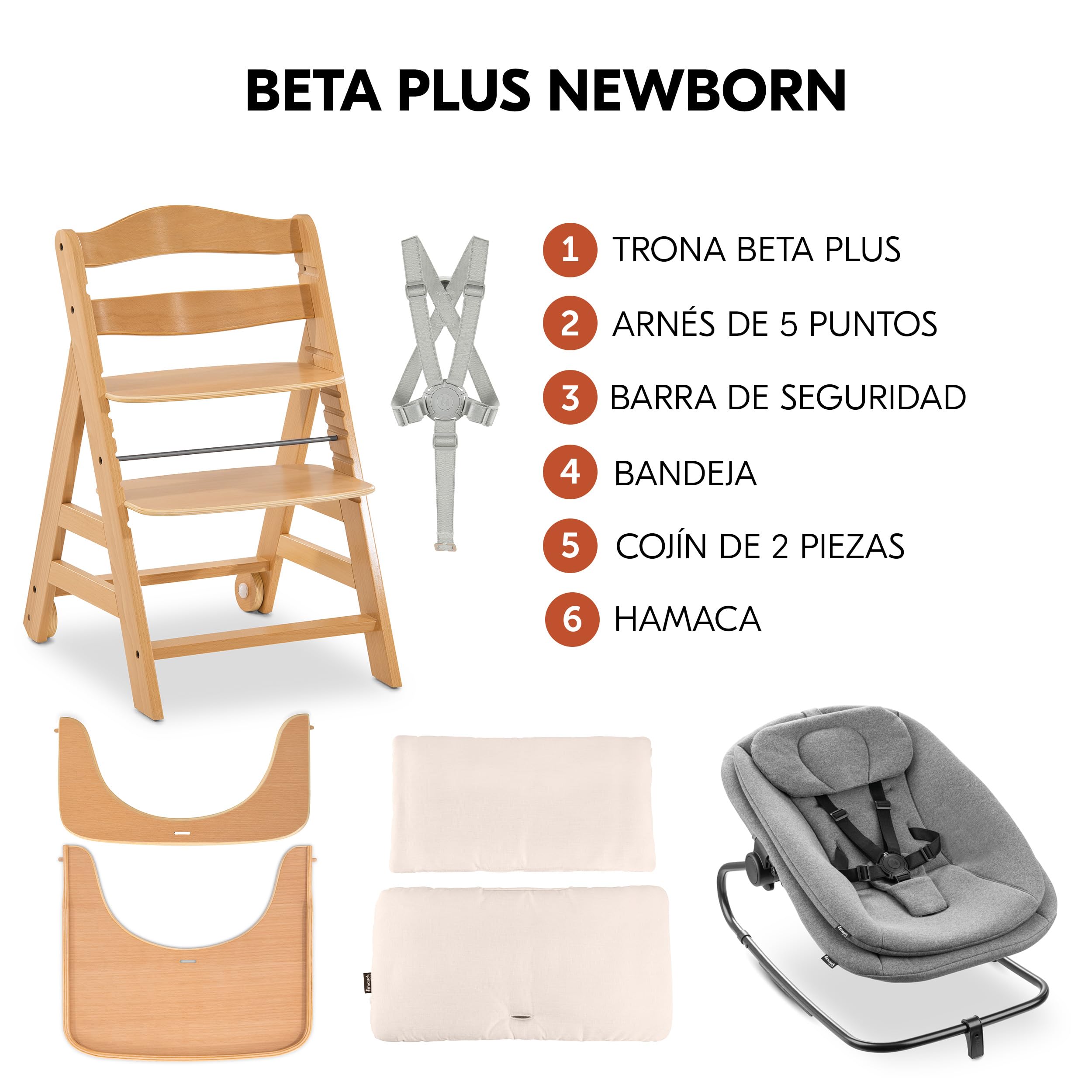 hauck Beta Plus Trona Bebé Newborn Set con Highchair Bouncer - Natural | Silla alta evolutiva con ruedas desde nacimiento | incl. Highchair Bouncer, bandeja y cojín