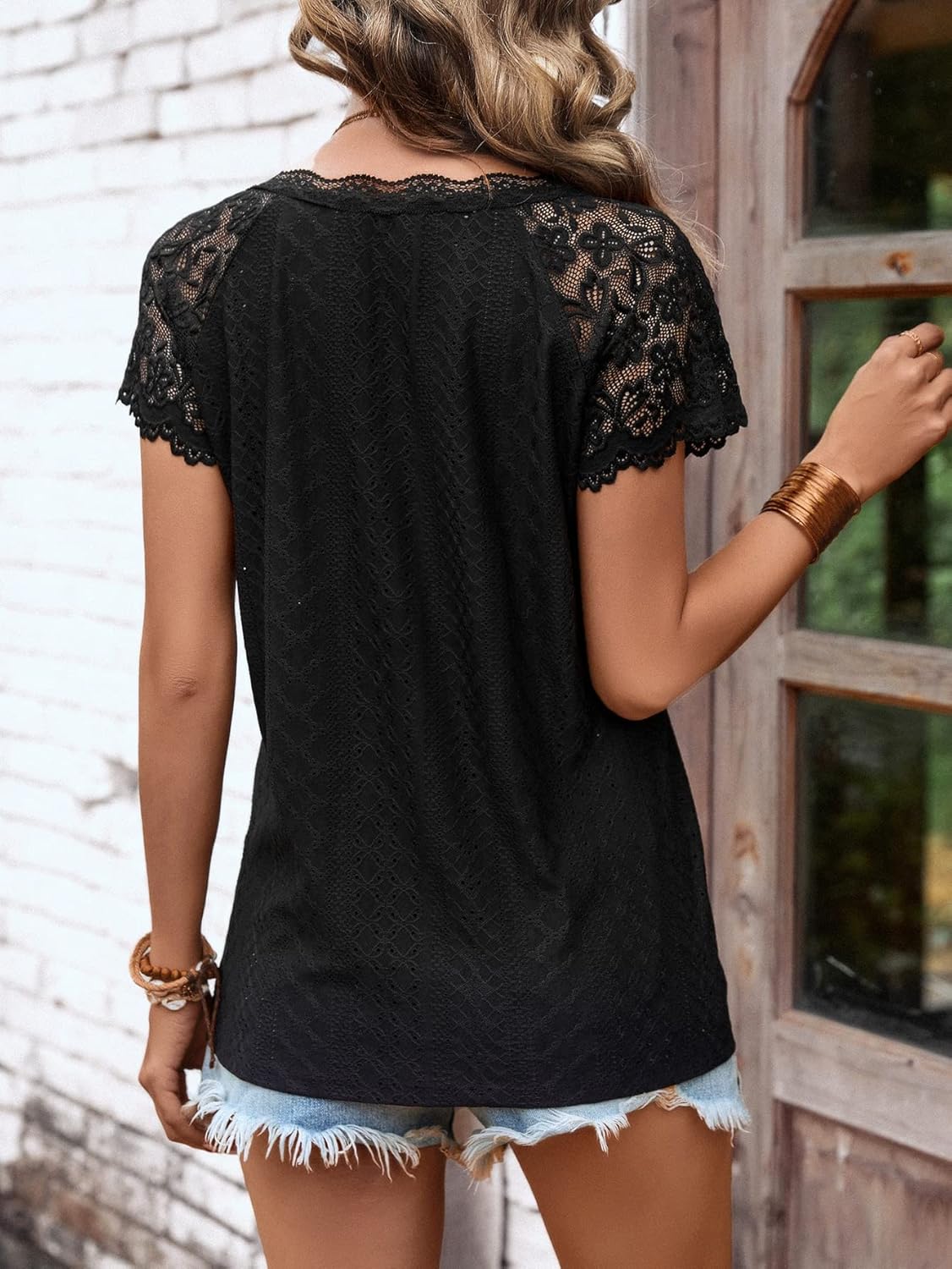 SweatyRocks Women's Floral Lace Short Sleeve Raglan Top Casual V Neck Pullover Plain Tee Shirt - Image 2