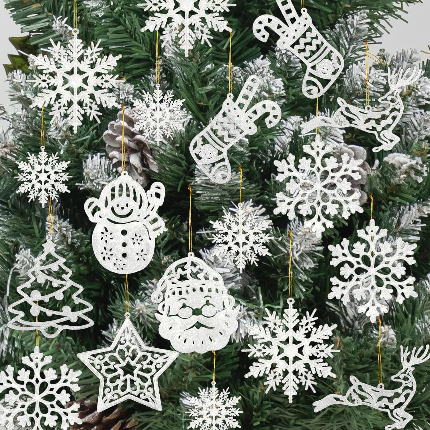 FUSU Christmas Tree Decoration Snowflake Ornaments - 42pcs Glitter Christmas Snowflake Tree Stocking Snowman Reindeer Santa Hanging Ornaments for Xmas New Year Party (White)