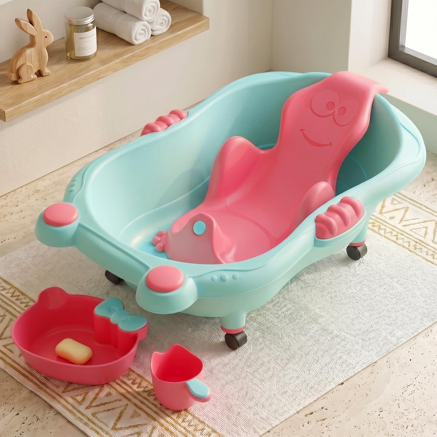 StarAndDaisy AquaNest Baby Bath Tub for Newborn to 5 Years with Ergonomic Baby Bather Seat, 360° Wheels, Bathing Tray & Mug, BPA-Free Kids Bathtub with Drain Plug & Rolling Base-image-29