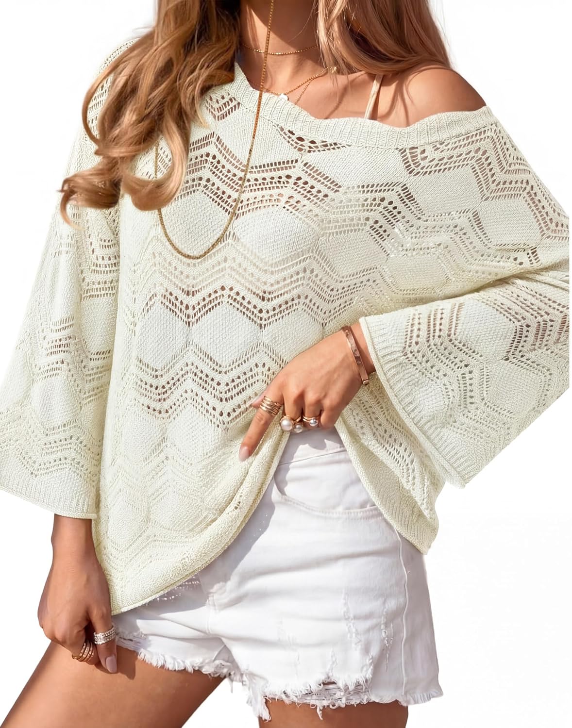 Vivilli Womens Crochet Cover Up Summer Tops Long Sleeve Boat Neck Hollow Out Shirts Boho Beach Swimsuit Coverups