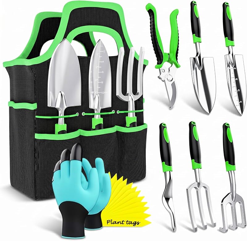Garden Tools Set 8 PCS Heavy Duty Stainless Steel Gardening Tools for Women | Ergonomic Gardening Hand Tools with Rust Proof Hand Trowel, Pruner, Weeder, Garden Hand Rake with Tote Bag and 15 Plant Tags