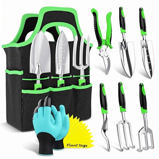 Garden Tools Set 8 PCS Heavy Duty Stainless Steel Gardening Tools for Women | Ergonomic Gardening Hand Tools with Rust Proof Hand Trowel, Pruner, Weeder, Garden Hand Rake with Tote Bag and 15 Plant Tags