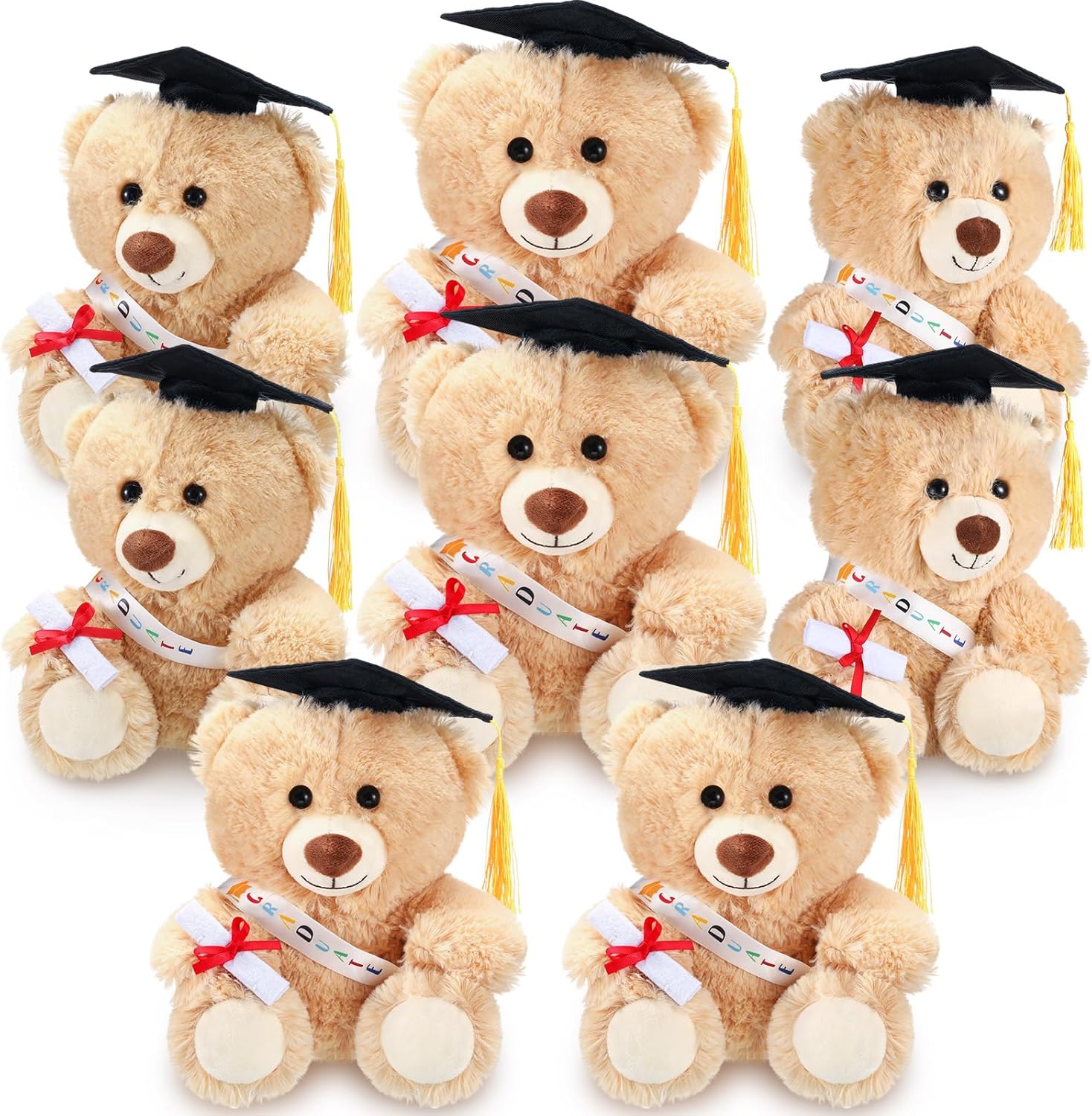 Jenaai 8 Pcs Graduation Bear 2026 with Black Cap 10 Inches Bulk Class of 2026 Soft Cute Bear Stuffed Animal Toys for Commemorative Celebratory Keepsakes Gift(Colorful Ribbon)