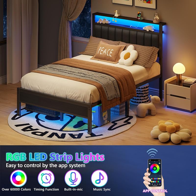 Furnulem Full Size Bed Frame with Charging Station and LED Lights image 3