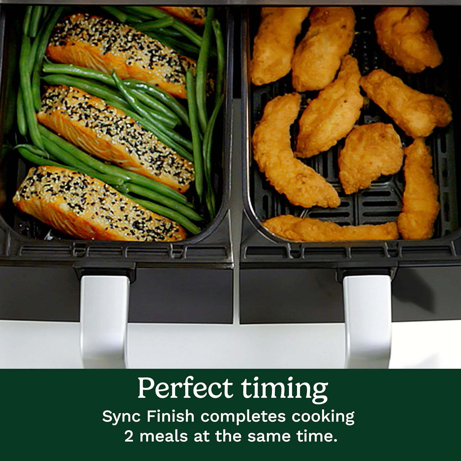 Close-up of the Cuisinart Dual Basket Air Fryer control panel highlighting the Sync Finish button