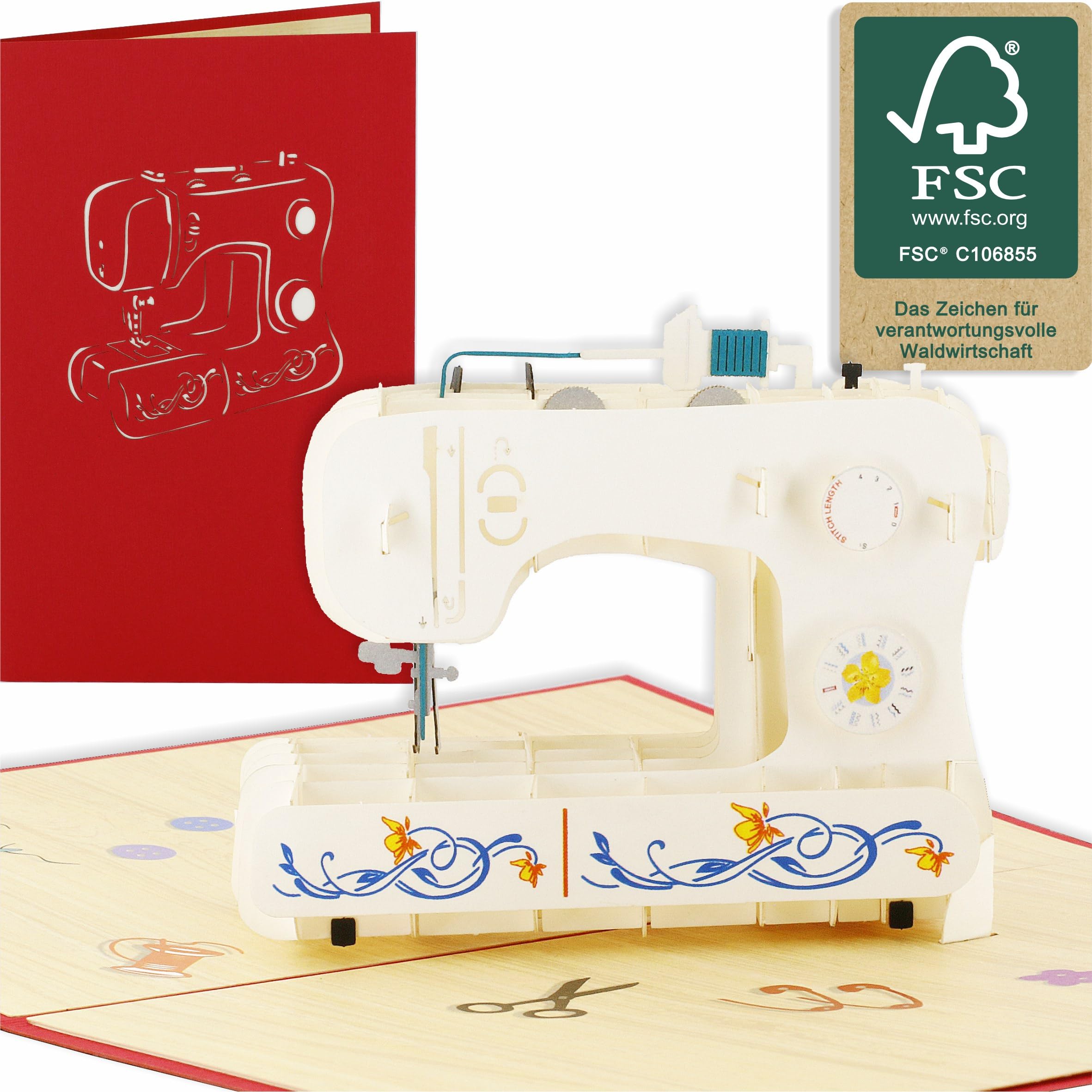 design3dkarten® Pop Up Karte Nähmaschine - kreatives Geschenk für Nähbegeisterte, nähen Geschenk fürs Nähzimmer oder als Nähmaschine Deko. Ideal auch als Geburtstagskarte oder Geldgeschenk