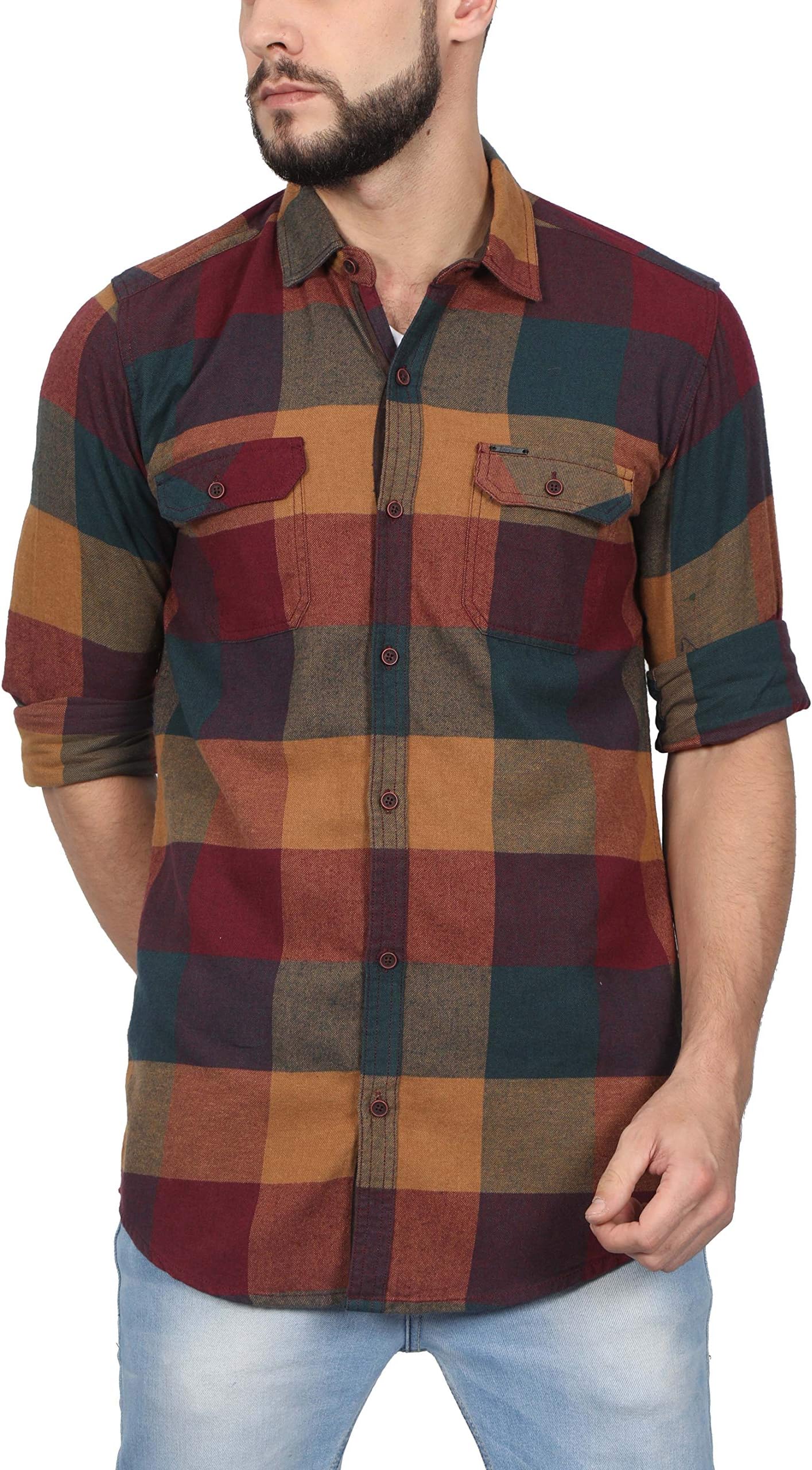 NORTH REPUBLIC Men's Burgundy Checks Cotton Full Sleeves Stylish Casual Shirt