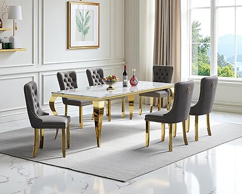 Miniatura 44 de Juego de mesa de comedor de mármol sintético, 7 piezas, juego de mesa de cocina y comedor para 6, mesa de comedor rectangular blanca de 70 pulgadas