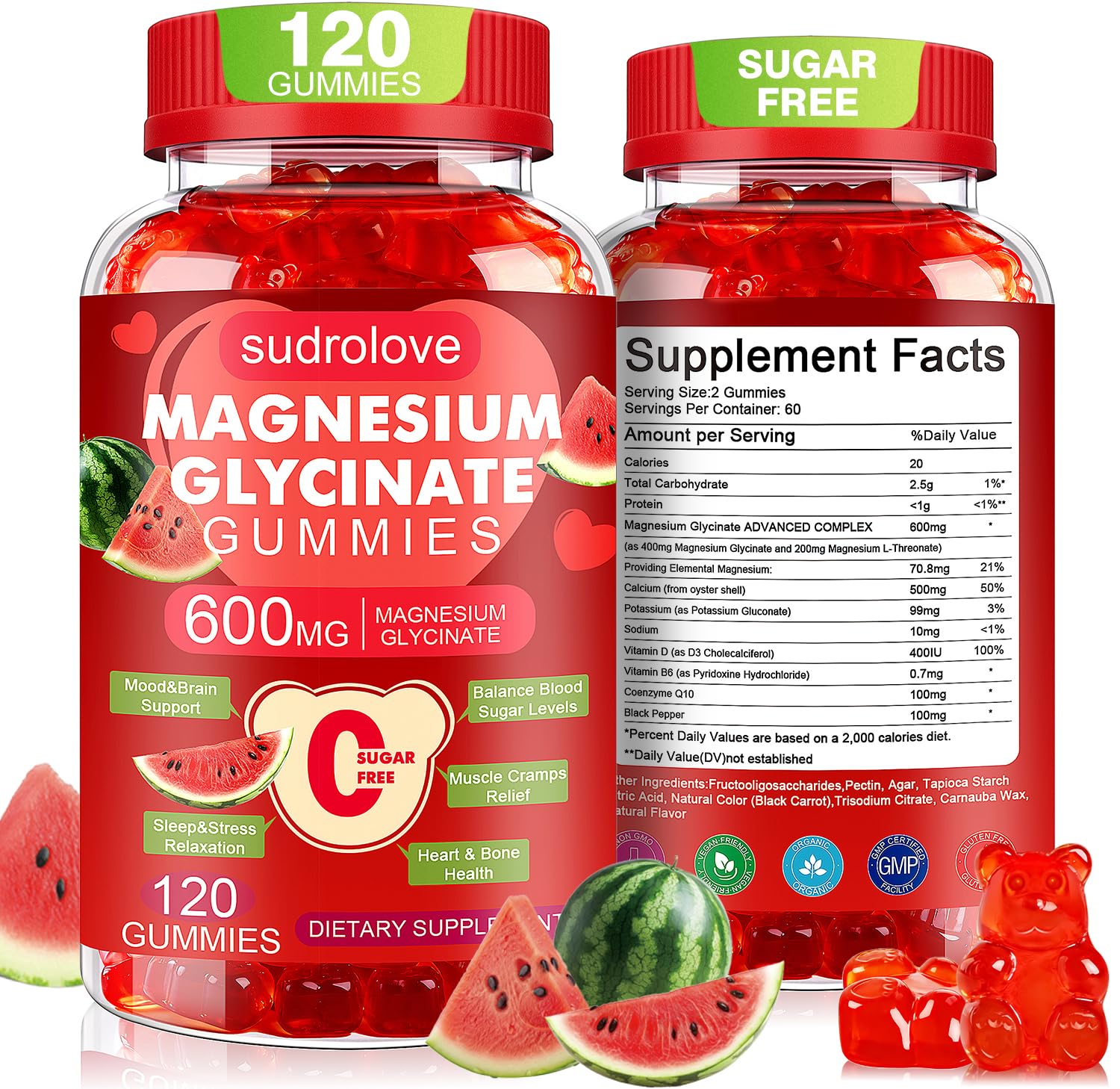 Magnesium Glycinate Gummies 600mg per Serving, 120 Count 1 Pack (Watermelon )