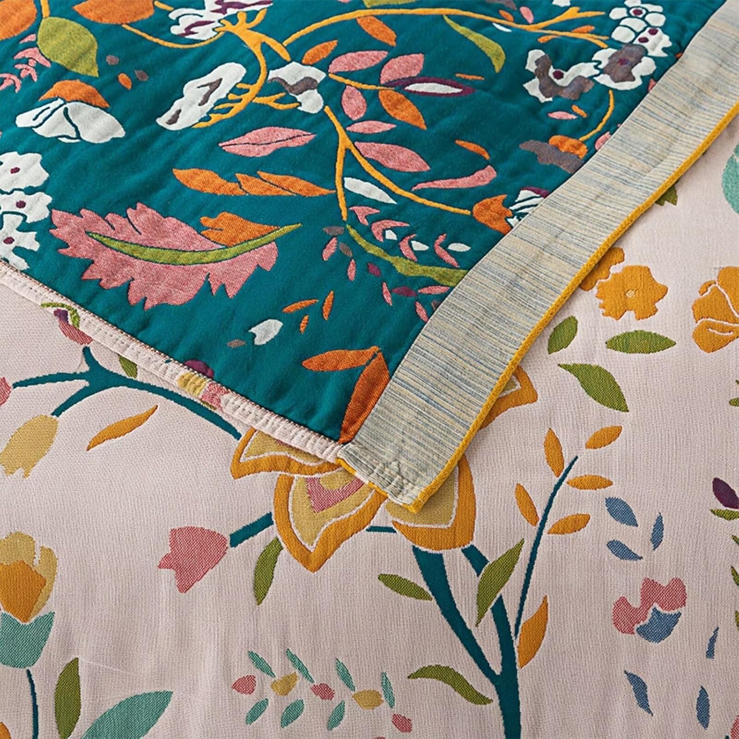 Spring Boho Throw Blanket, Reversible 100% Cotton Ultra Soft Rustic Quilt, Multi-Function Decorative Muslin Throws for Sofa Bed Armchair Camping Blanket,Beige,60"x80" - Image 5