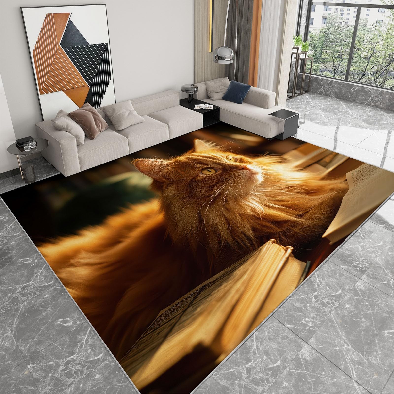 Alfombra antideslizante de madera con diseño de gato naranja de pelo largo de 140 x 200 cm, alfombra impresa con fotografía de animales, alfombra de suelo para dormitorio de niños, alfombra de suelo
