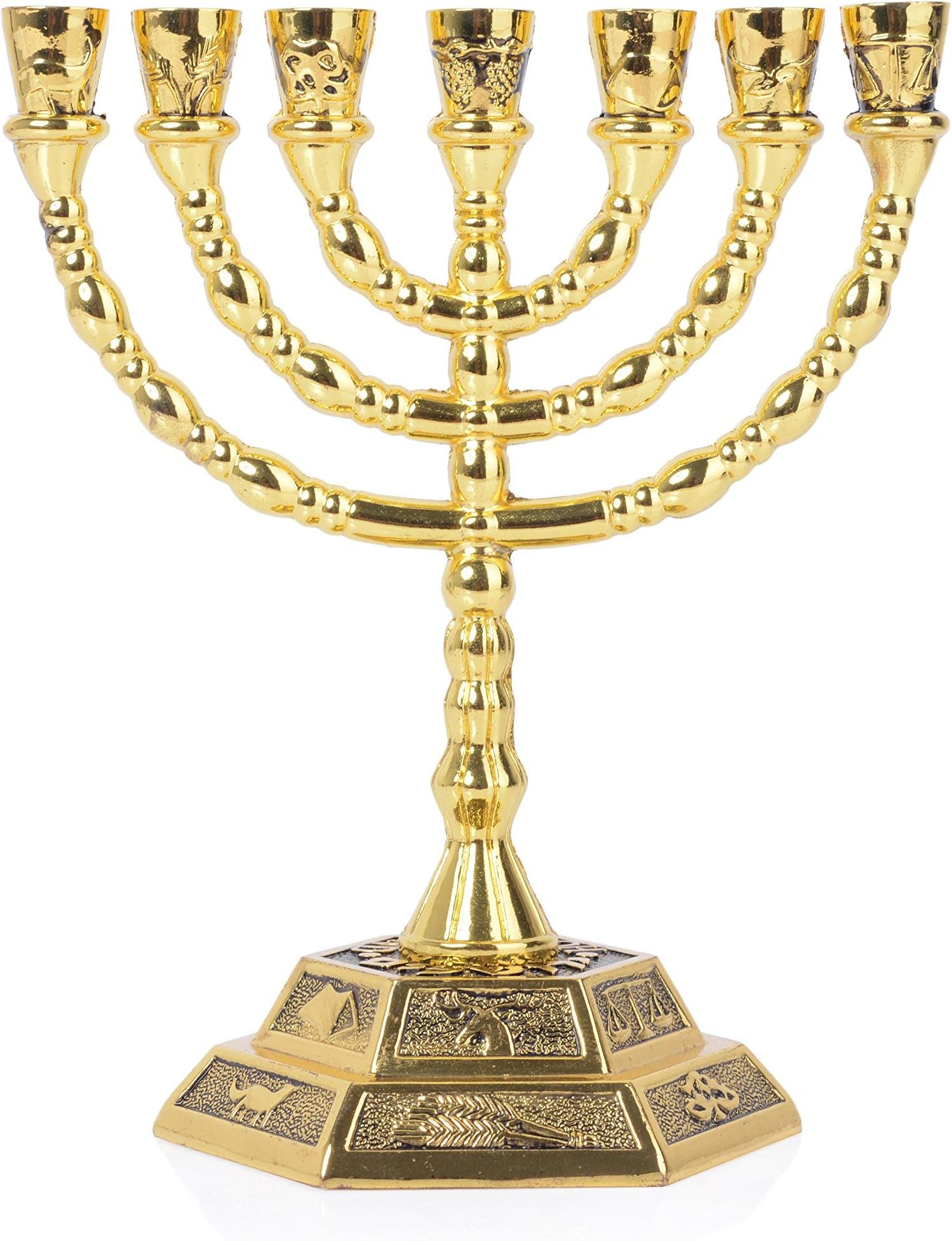 Israel Tribal Jerusalem Temple Menorah 7 Branches Hexagon Base Jewish Candle Holder Holy Land Gift (Menora)