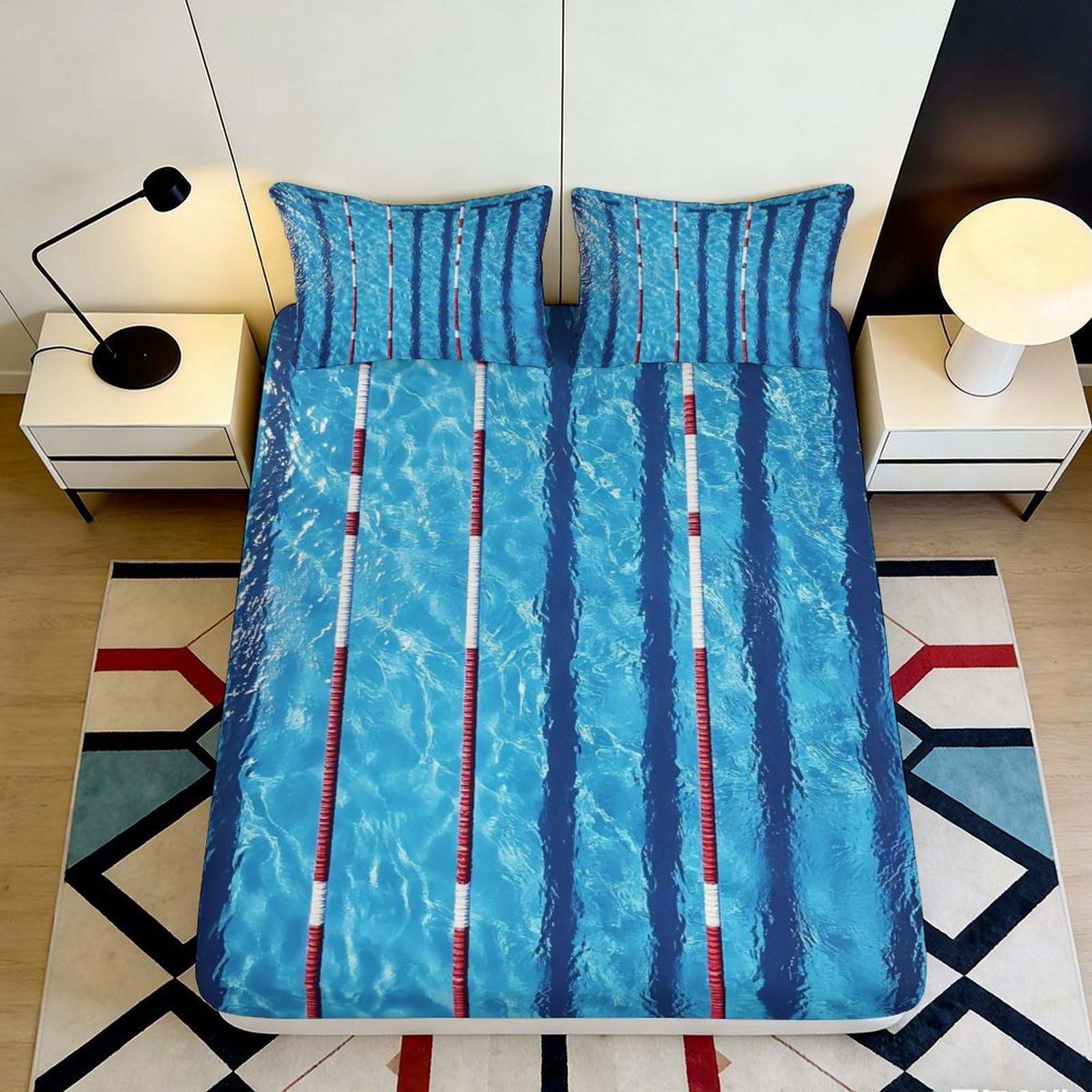 Pnayamiorkfel Style-2 3D Printed Swimming Pool Fitted Sheet Microfiber Anti-Slip Bedroom Decor Water Lane Mattress Cover Easy Care 90X200x25cm