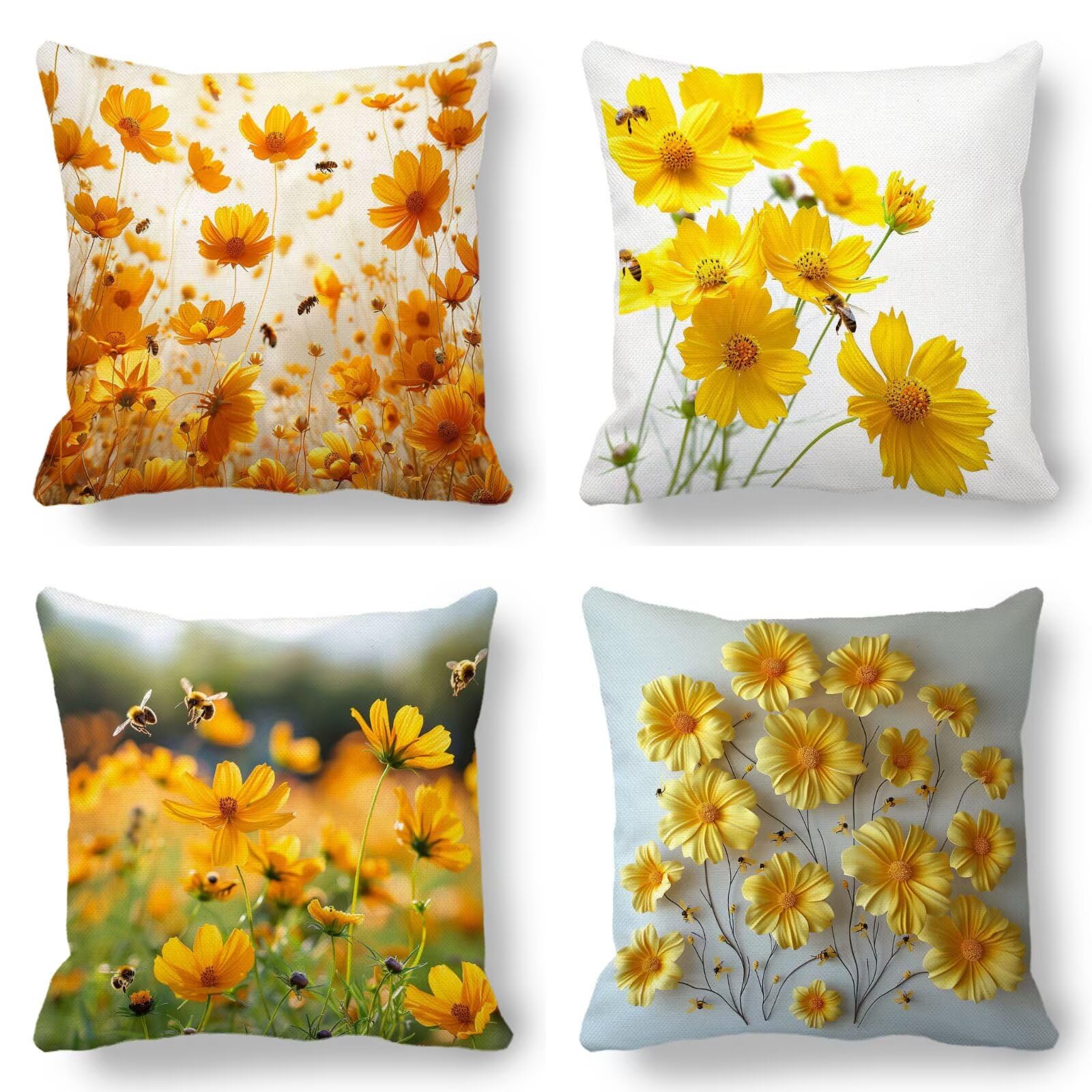 Flor Fundas de Cojines 65x65cm Juego de 4, Amarillo Funda Cojines Cama Decorativos para Sofa Exterior Impermeable Lino Almohada Decorativa , Silla Cama Sala de Estar Hogar Jardín Juego Dormitorio 91-S