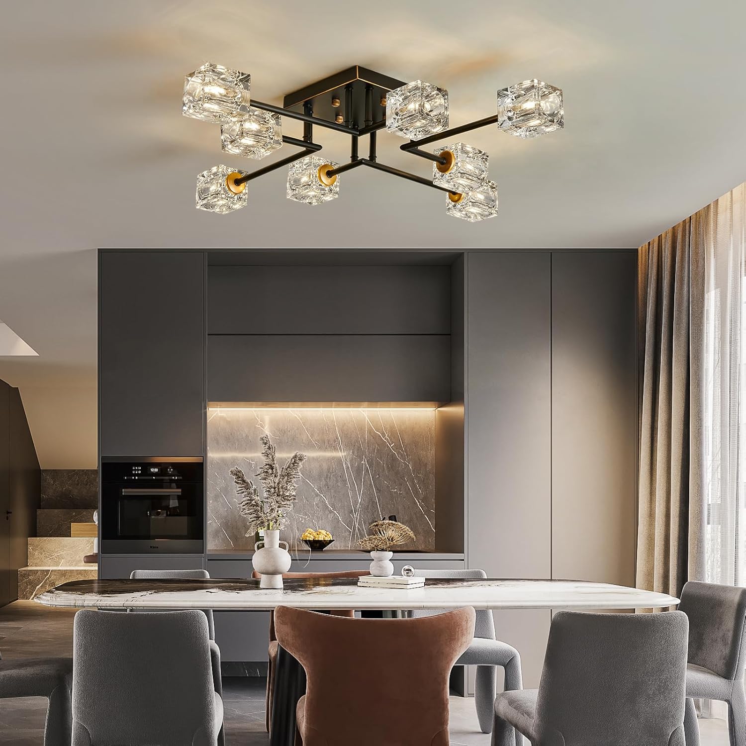 Modern 8-Light Semi Flush Mount Ceiling Light Fixture Black and Gold Chandelier Farmhouse Ceiling Lamp for Dining Room Bedroom Bathroom Entryway Hallway Stairway