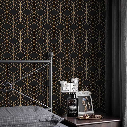 Miniatura 3 de LiKiLiKi Papel tapiz autoadhesivo negro y dorado, diseño geométrico moderno, 17.3 x 118 pulgadas, vinilo decorativo extraíble para cajones,