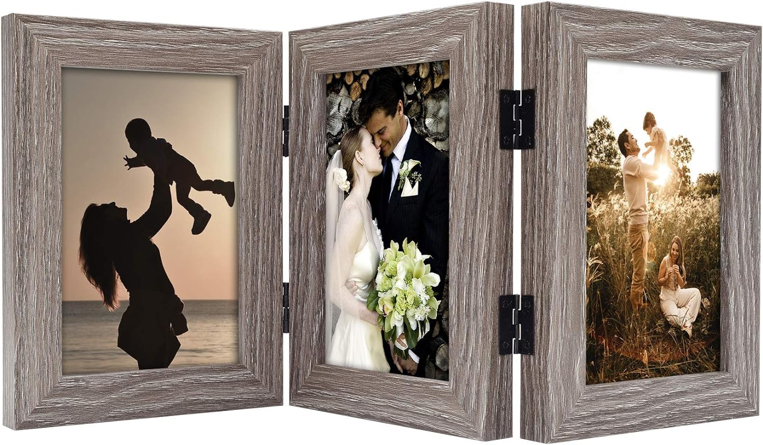 Golden State Art, 4x6 Three Picture Frame Trifold Hinged Photo Frame with 3 Openings, Desk Top Family Picture Collage, with Real Glass (4x6 Triple, Grey, 1-Pack)