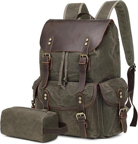 Wogarl Mochila de lona de cuero vintage, Verde oscuro, Ocio