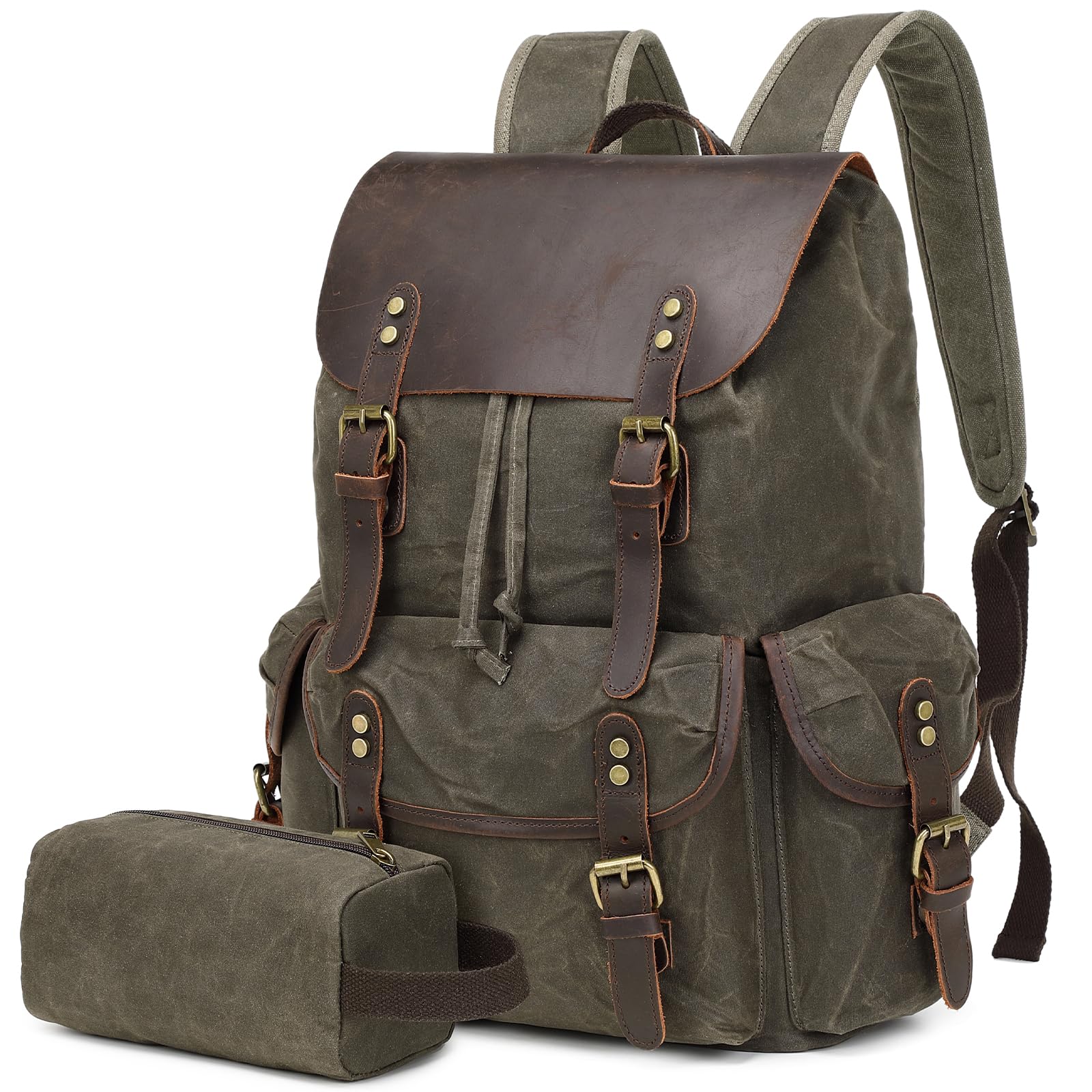 Wogarl Zaino vintage in pelle e tela, zaino a tracolla in tela cerata con articoli da toeletta per viaggi, campeggio, escursionismo, università d'affari, adatto per laptop da 17", verde, Verde