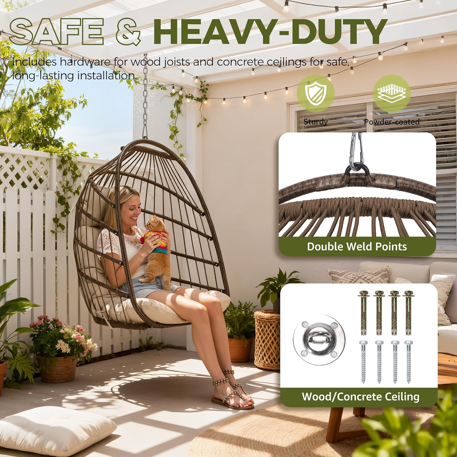RADIATA Outdoor Hanging Egg Chair Without Stand, Foldable Wicker Rattan Ceiling Swing Chair with Padded Cushion, 350Lbs Heavy-Duty Egg Shell Hammocks for Tree Patio Balcony Garden Indoor, Brown