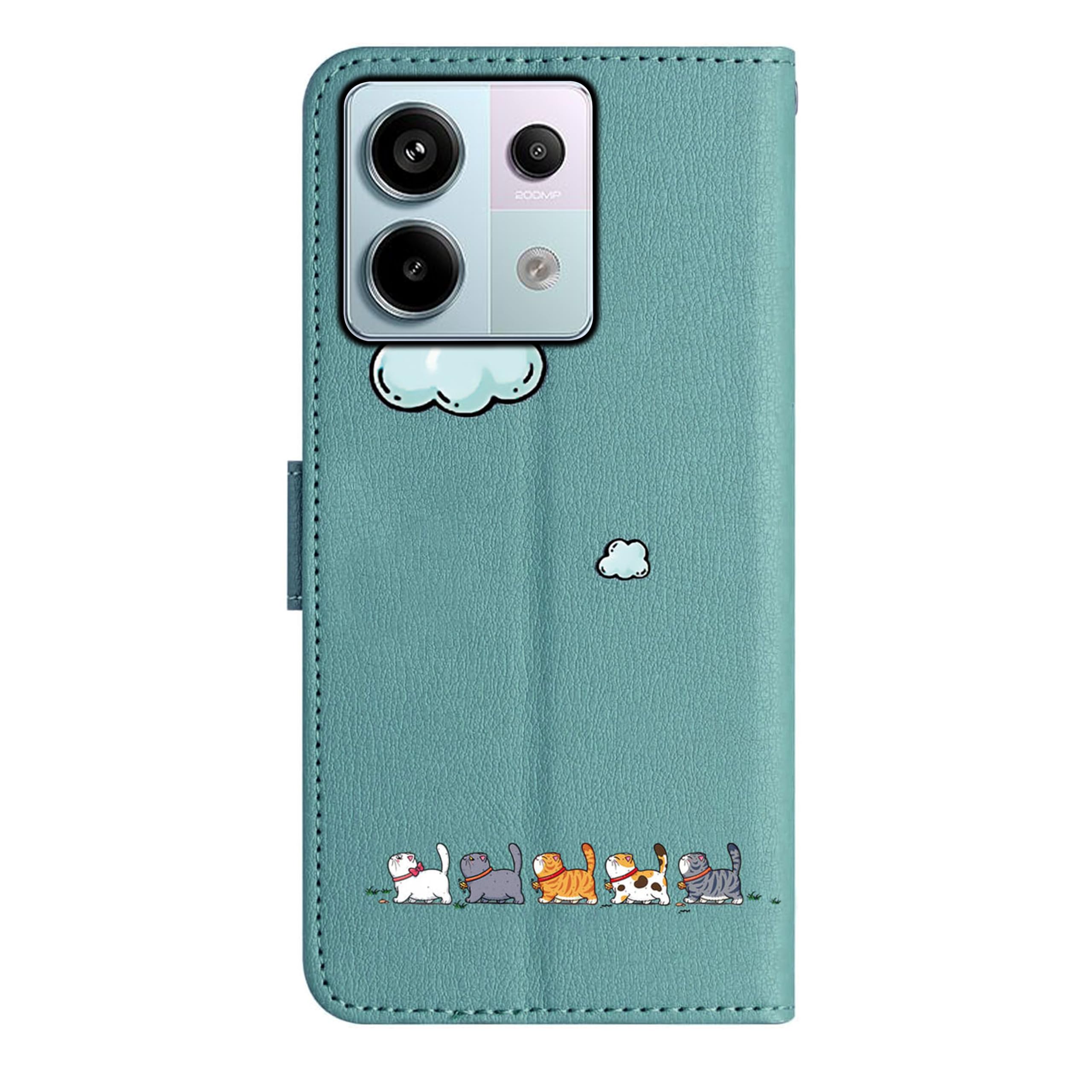 FALUWONRU Case for Xiaomi Redmi Note 13 Pro 5G,Colorful Lovely Cats Leather Flip Phone Case Wallet Cover with Creative Magnetic Protective Shockproof TPU Shell,Kickstand,Card Slots -Cyan/Green - Image 2