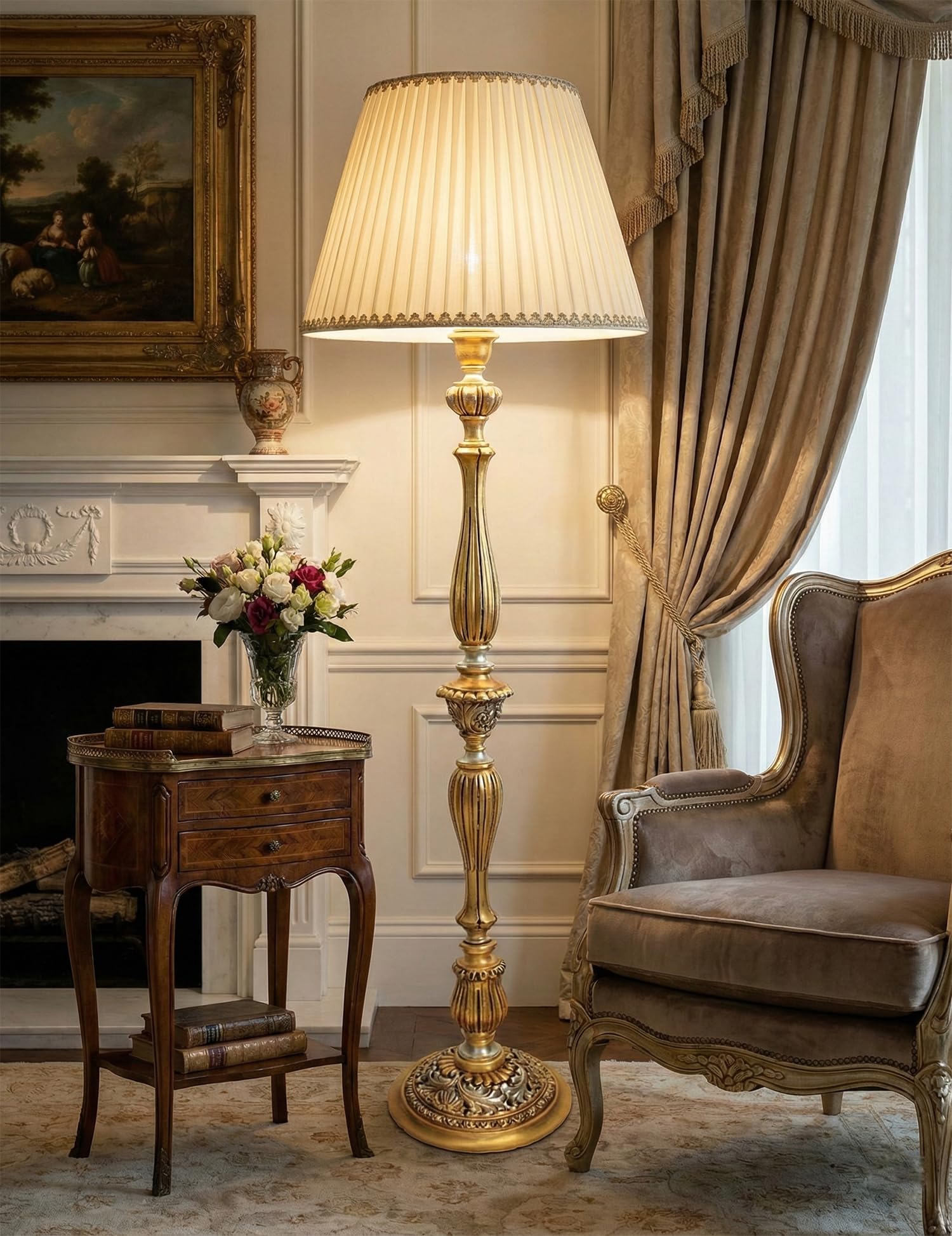 ILAB Piantana lampada da terra classica 1 luce in legno oro realizzata e decorata artigianalmente dbs 260/PT