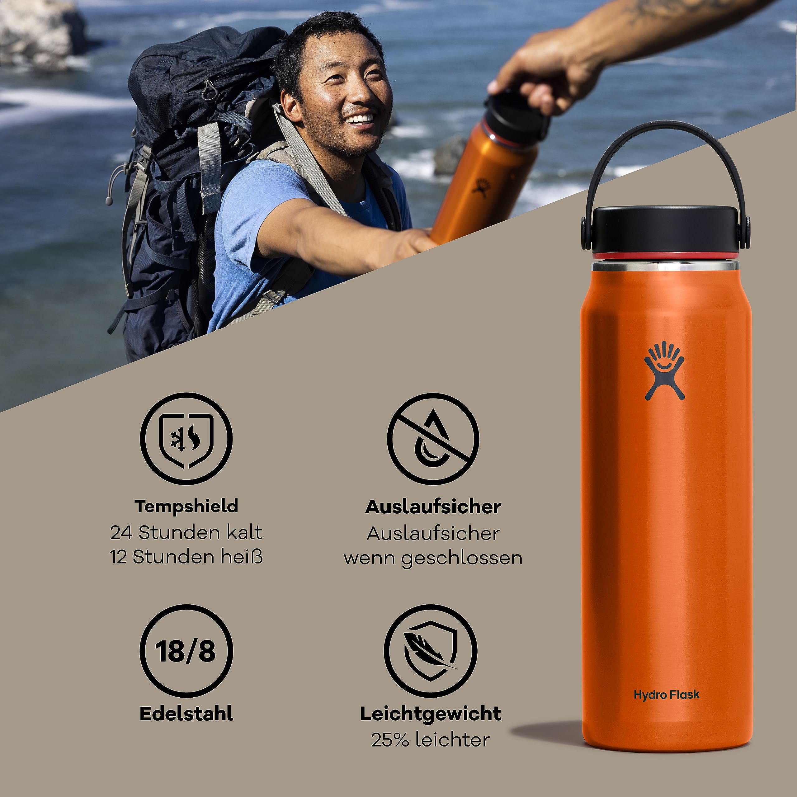 HYDRO FLASK - Leichte Trinkflasche mit 710 ml (24 oz) Trail Series - Vakuumisolierte, Wiederverwendbare Trinkflasche aus Edelstahl mit Auslaufsicherem Flex Deckel - Größe Öffnung - BPA-frei - Obsidian