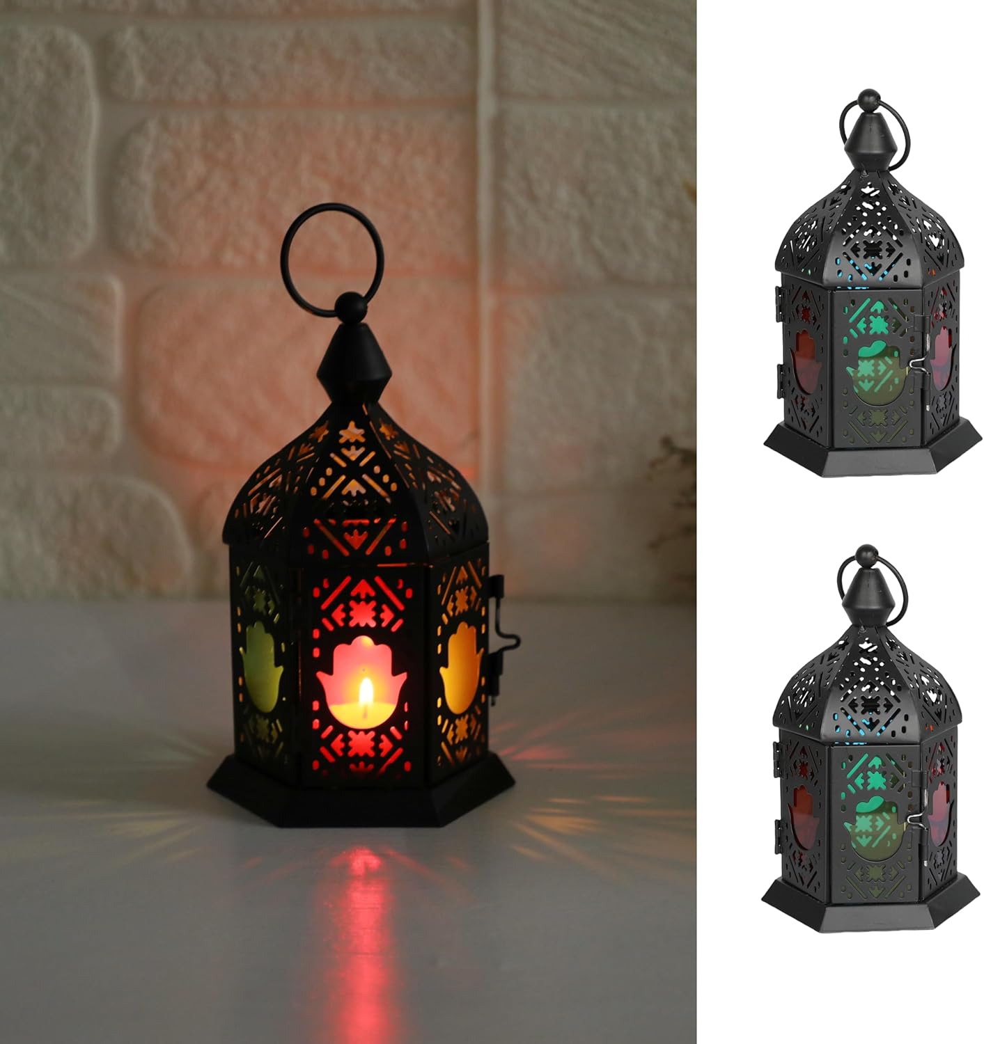 Degruand 2 Pack Moroccan Candle Lanterns - Hanging Tealight Holders with Flower Glass Panels for Patio, Weddings, Ramadan Decor - Black 6.5 Inch