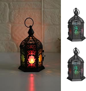Degruand 2 Pack Moroccan Candle Lanterns - Hanging Tealight Holders with Flower Glass Panels for Patio, Weddings, Ramadan Decor - Black 6.5 Inch