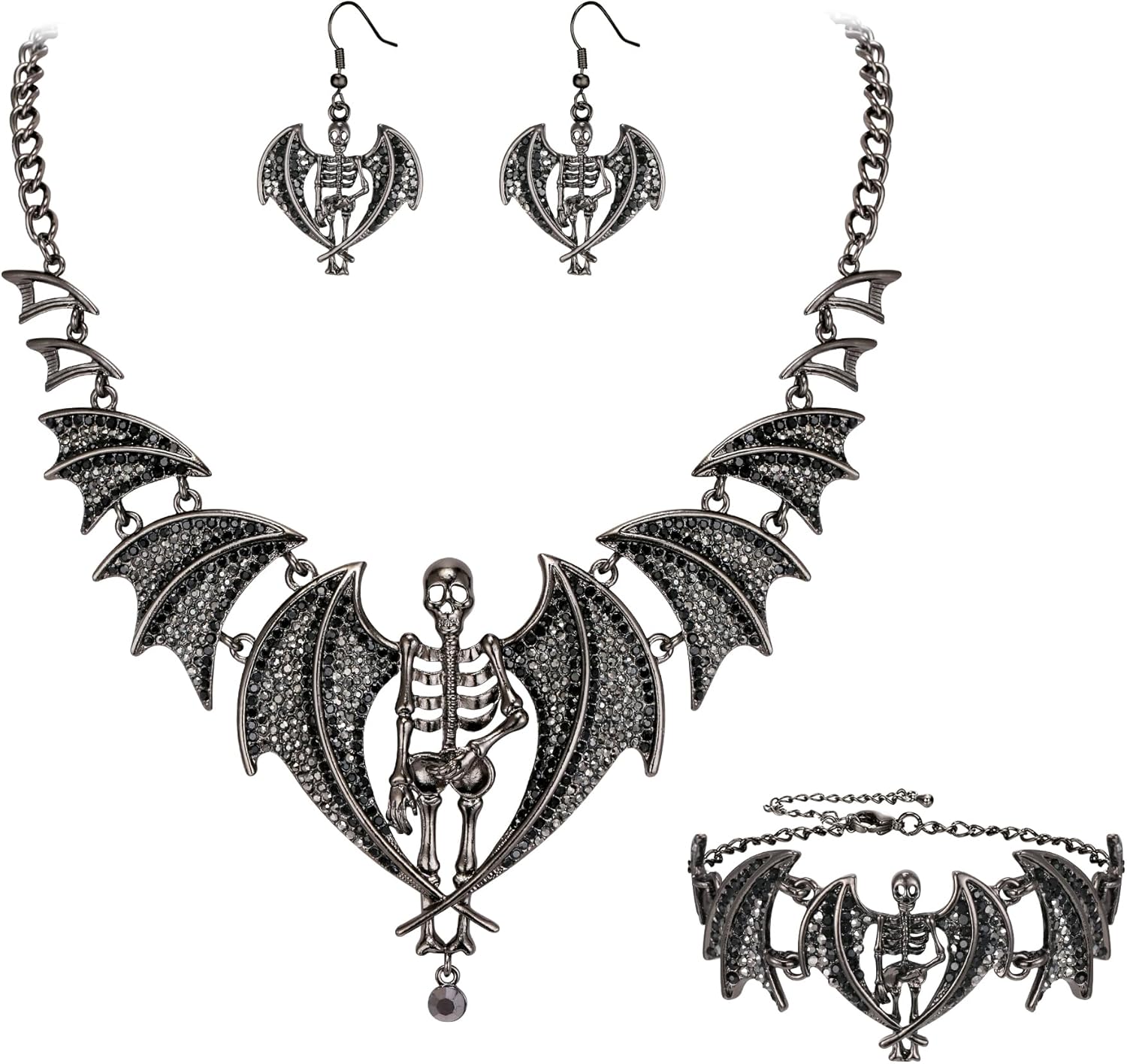EVER FAITH Women's Austrian Crystal Jewelry Costume Halloween Gothic Animals Bat Skeleton Necklace Bracelet Fishhook Dangle Earrings Set for Prom Party