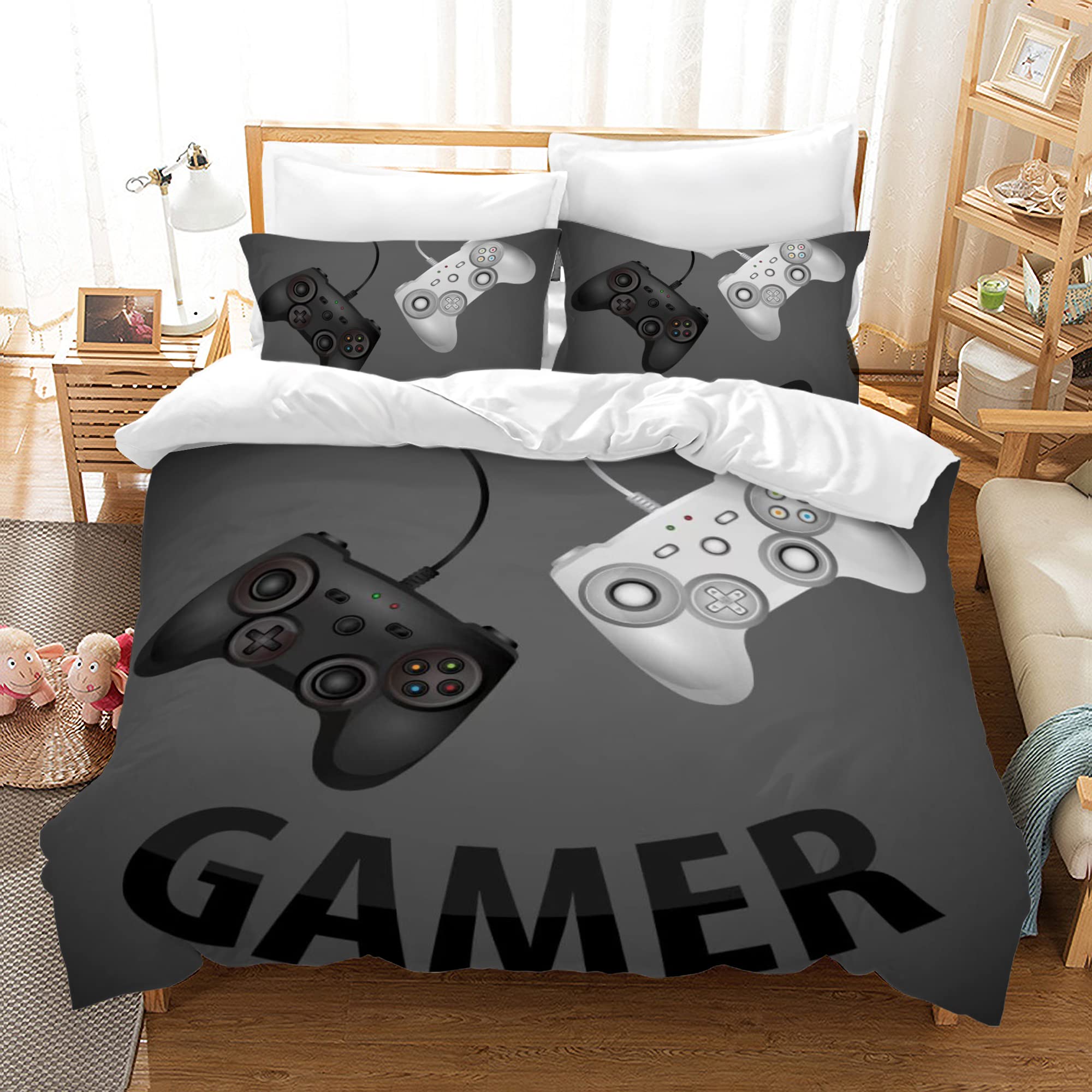 PQCXXA Juego de Ropa de Cama para niños, Videojuegos con Mando de Consola de Juegos, 135 x 200 cm Funda nórdica de Gamer con Cremallera y 2 Fundas de Almohada de 50 x 75 cm