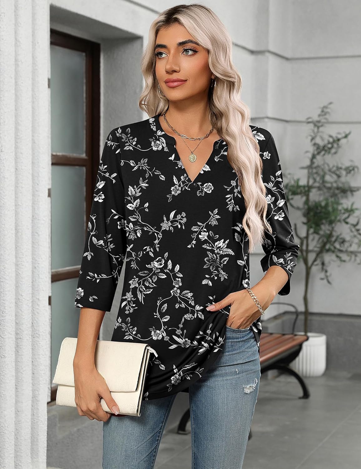 Zeagoo Womens 3/4 Length Sleeve Tops V Neck Tunic Casual Dressy Blouse Floral Printed Shirts - Image 3