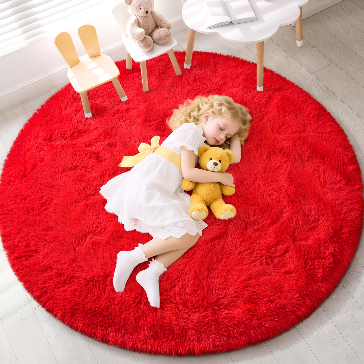 EVOIONOS Roter runder Teppich für Schlafzimmer, 1,2 x 1,2 m, flauschig, weich, für Wohnzimmer, Plüsch, zotteliger runder Teppich für den Innenbereich, Nachttisch, Mädchen, Kinderzimmer