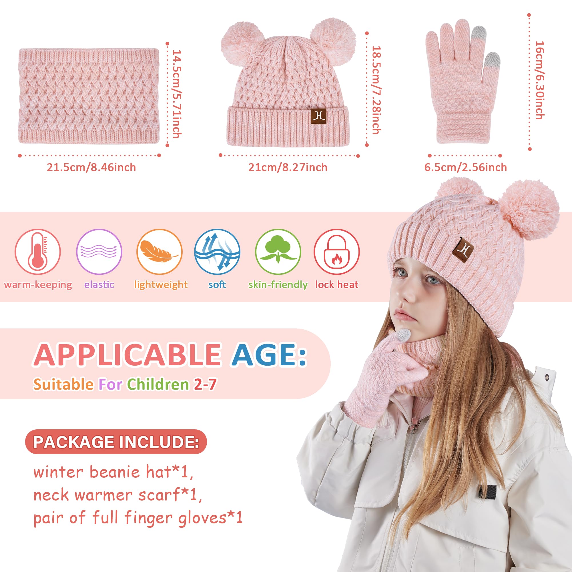 ZASFOU Bambini Cappello Invernale Sciarpa Guanti Touch Screen Set 2 3 4 5 6 7 Anni Berretto Cappelli in Maglia con Pompon Scaldacollo Guanto Regali per Ragazze Ragazzo