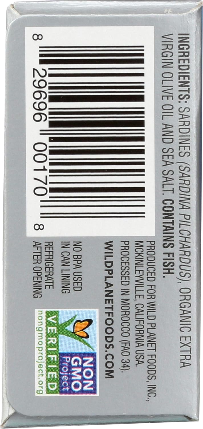 Wild Planet Wild Sardines in Extra Virgin Olive Oil with Sea Salt, Skinless & Boneless, Tinned Fish 4.25 Ounce (Pack of 12)