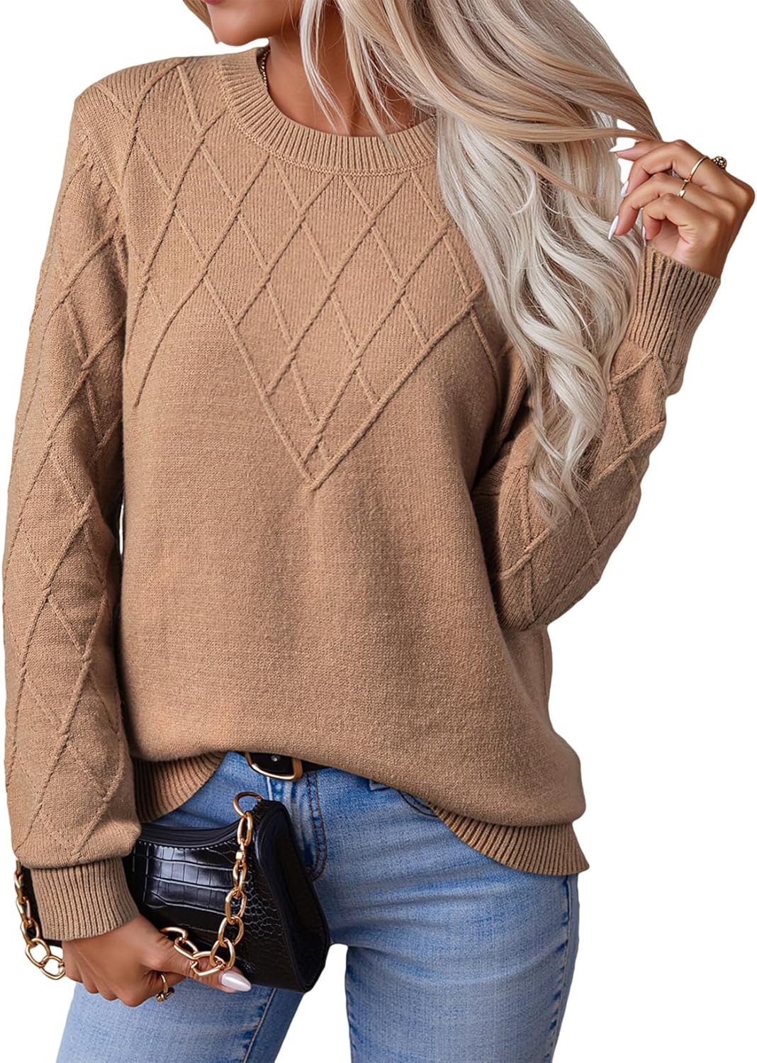 EVALESS Womens Sweaters Trendy Casual Crewneck Long Sleeve Cable Knit Lightweight Oversized Fall Sweaters Pullover Tops