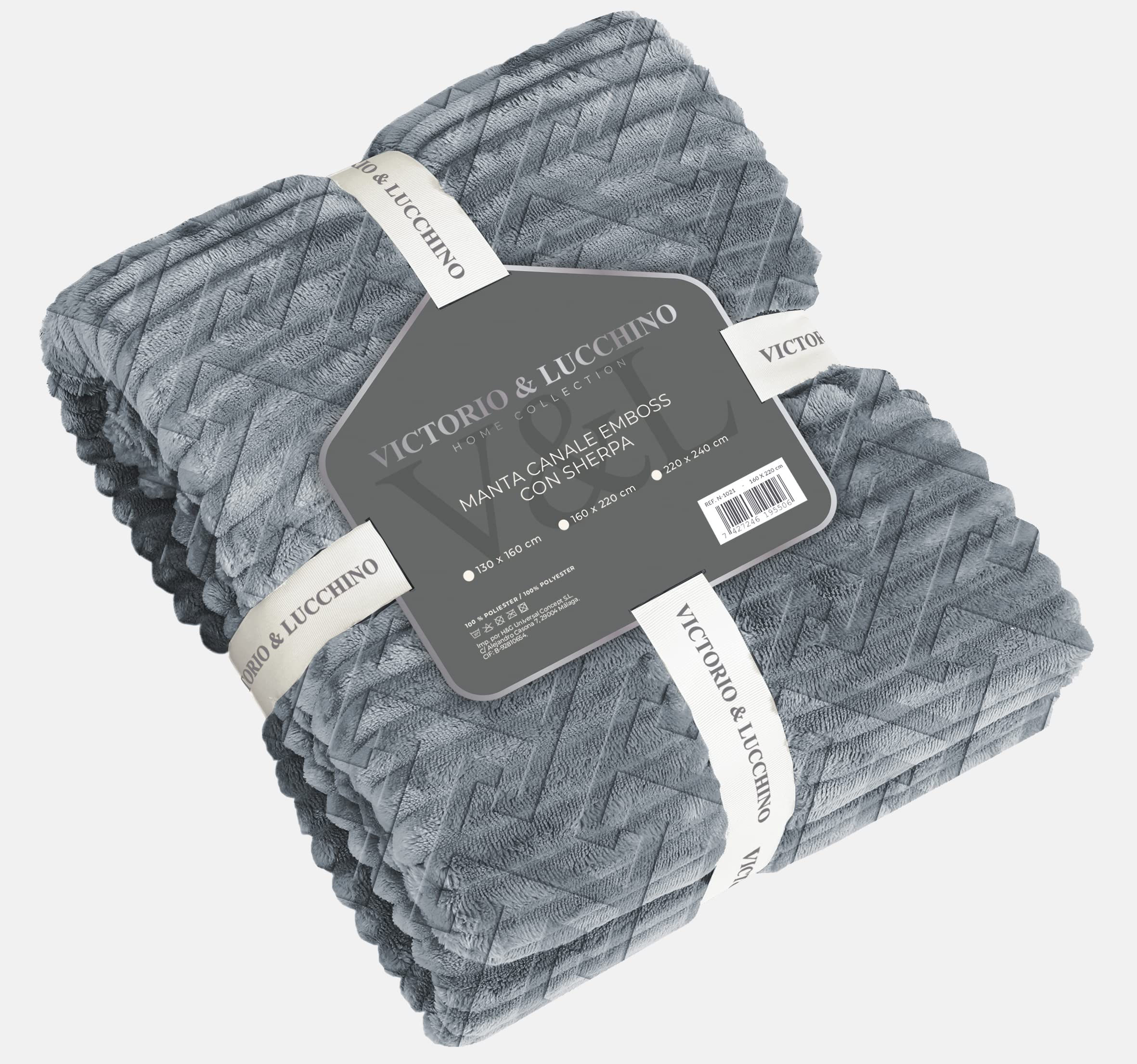 Victorio & Lucchino Manta Plaid Sofa Canale Emboss con Borreguito Sherpa - Manta Suave para el Sofa o para Cama (VL-80511) (Gris Oscuro, 220 X 240 Cm)