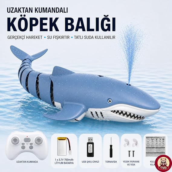 Uzaktan Kumandalı 38 cm Yüzen Su Püskürten Şarjlı Köpek Balığı Su Geçirmez Kumanda Benekli ve Mavi Cins Köpek Balığı Tatlı Su Oyuncağı Aktivite Oyuncağı (Mavi)