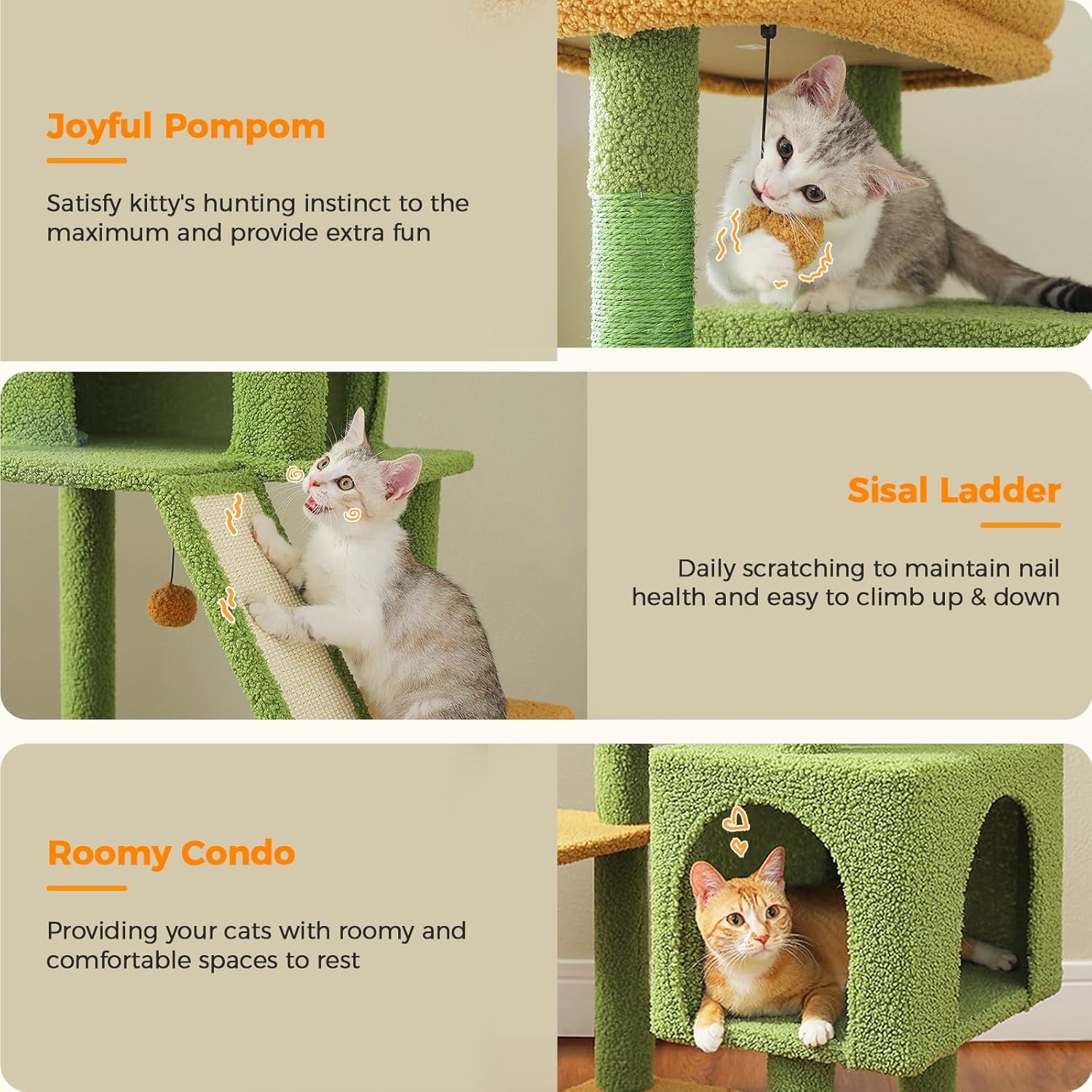 71 Inch Tall Cactus Cat Tree for Indoor Cats Large Adult, Multi-Level Cat Tower with Extra Large Hammock, 2 Cat Caves, Spacious Top Perch, Scratching Pad, Green